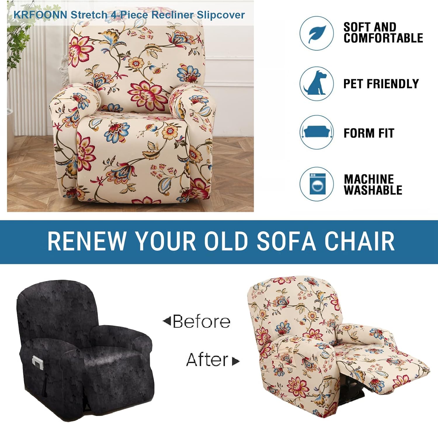 KRFOONN Lazyboy – Fundas elásticas para sofá reclinable de 4 piezas, fundas antideslizantes para sillas reclinables con bolsillos de almacenamiento,