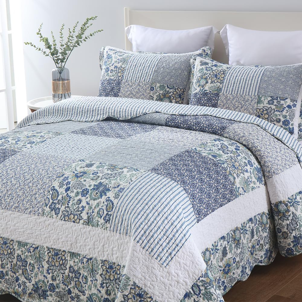 Juego de ropa de cama de algodón de 3 piezas, reversible, juego de colcha reversible vintage floral de retazos azules, tamaño Queen