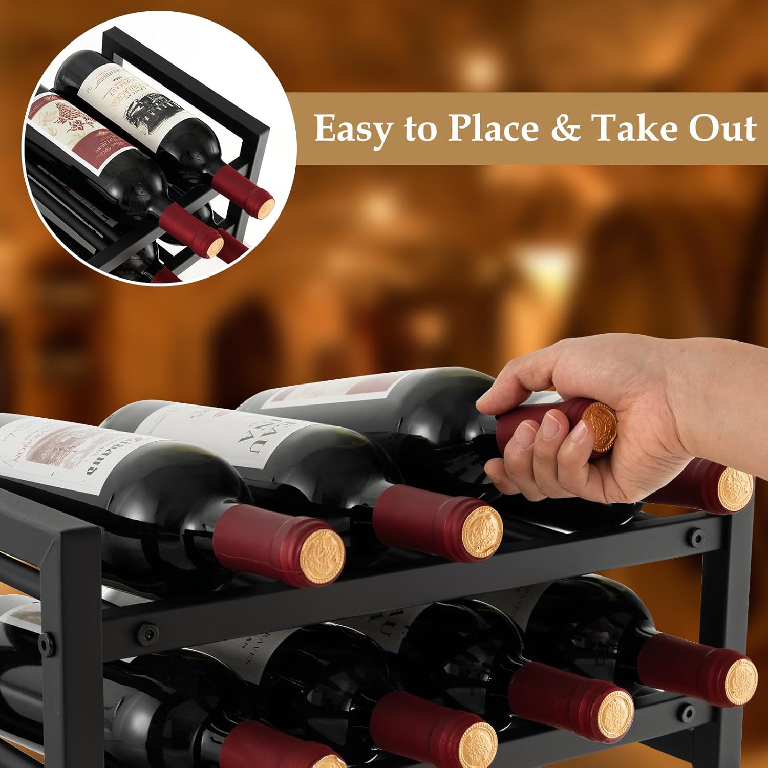 GOFLAME Estante de vino de 2 niveles, estante de exhibición de vino de encimera independiente con almohadillas ajustables para los pies, superficie