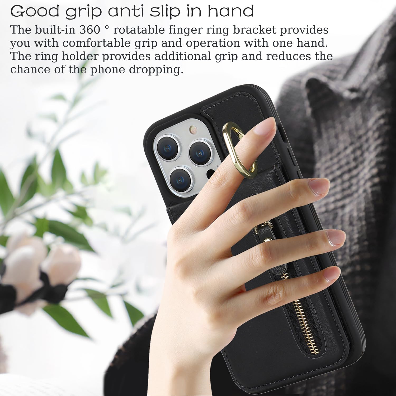 Funda para iPhone 13 Pro Max con tarjetero para mujer, iPhone 13 Pro Max, funda para teléfono con tarjeta de crédito con anillo, cierre de soporte,