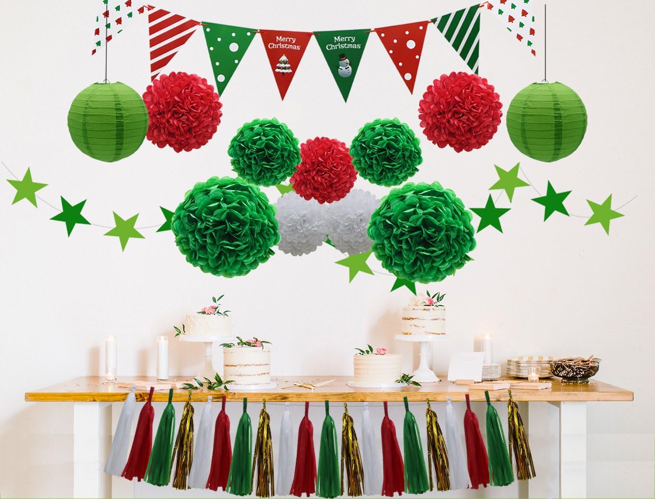 Juego de 33 suministros de decoración de fiesta de Navidad, faroles de papel, borlas, guirnalda colgante, banderines de tejido, pompones, flores,