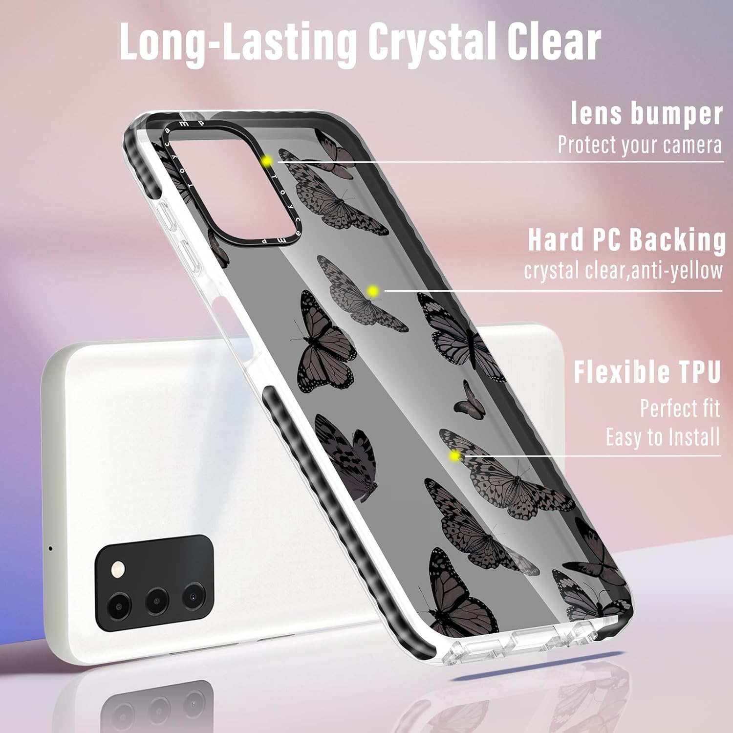 Toycamp Funda para Samsung Galaxy A03S con soporte de anillo, diseño de insectos de dibujos animados de mariposas para mujeres, niñas, niños,
