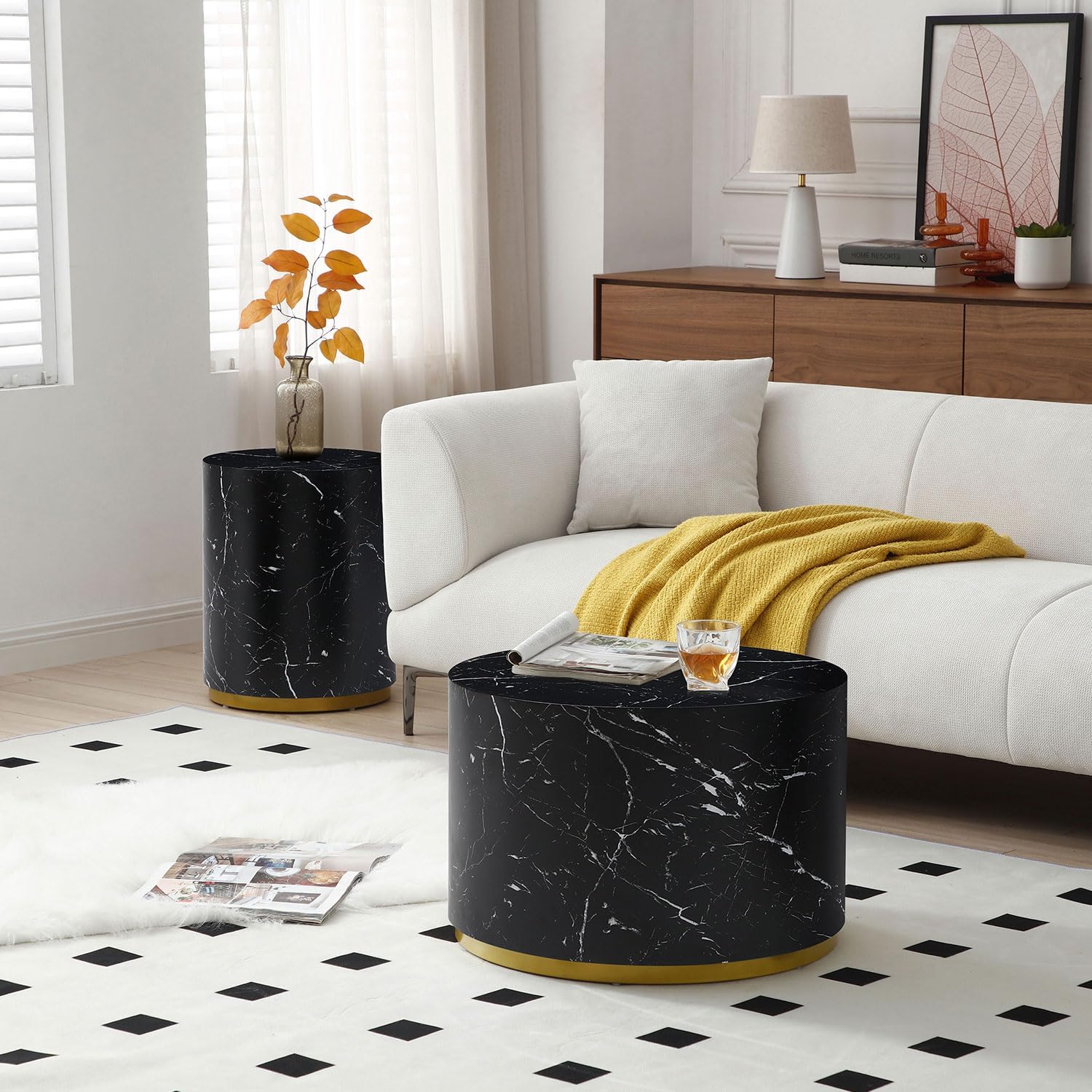 Mesa auxiliar con borde dorado inferior para sala de estar, moderna mesa de centro redonda dorada o mesa auxiliar, mesa de sofá circular para