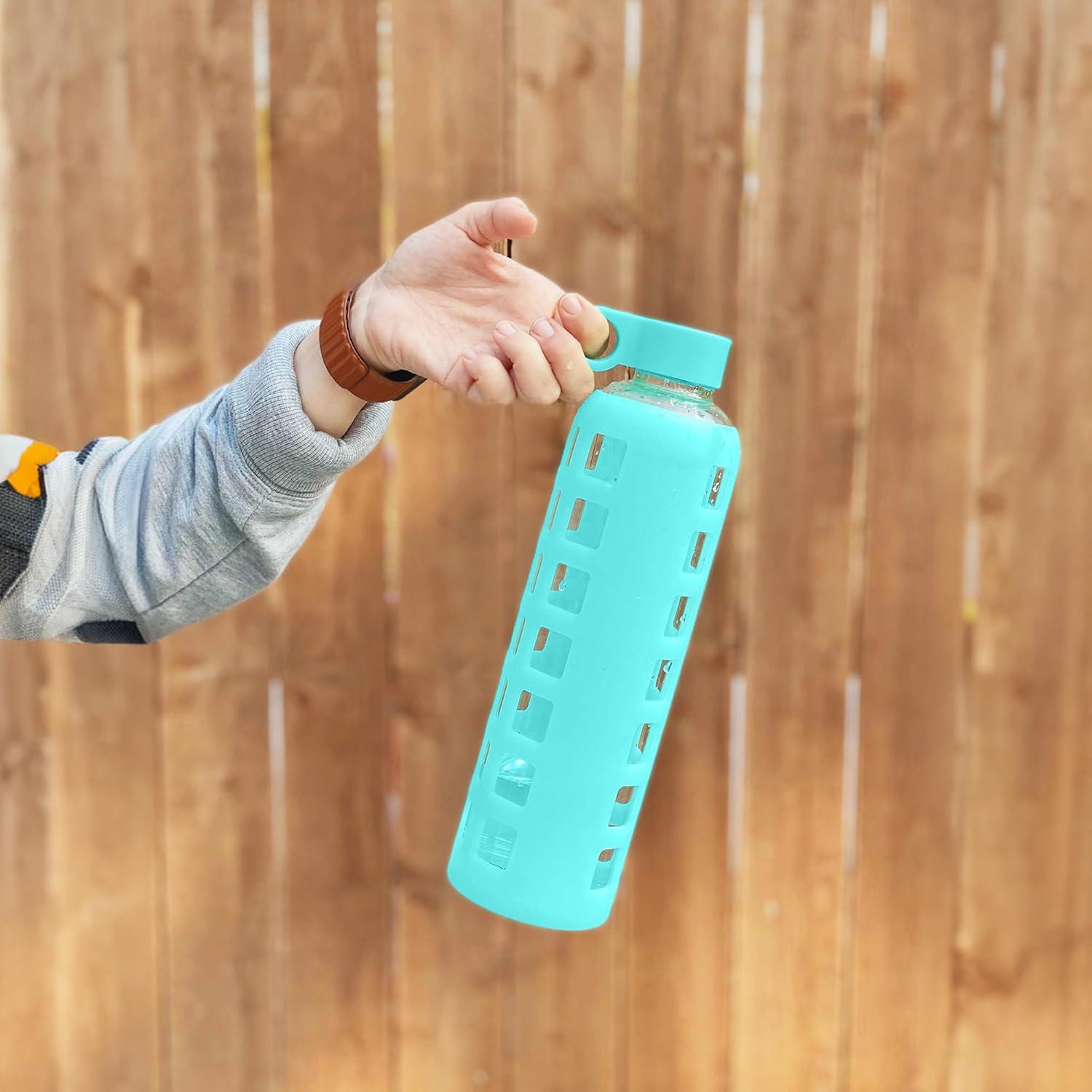 purifyou Tapa de repuesto para botella de agua de vidrio reutilizable de 40, 32, 22, 12 onzas con marcas de tiempo y volumen, funda de silicona