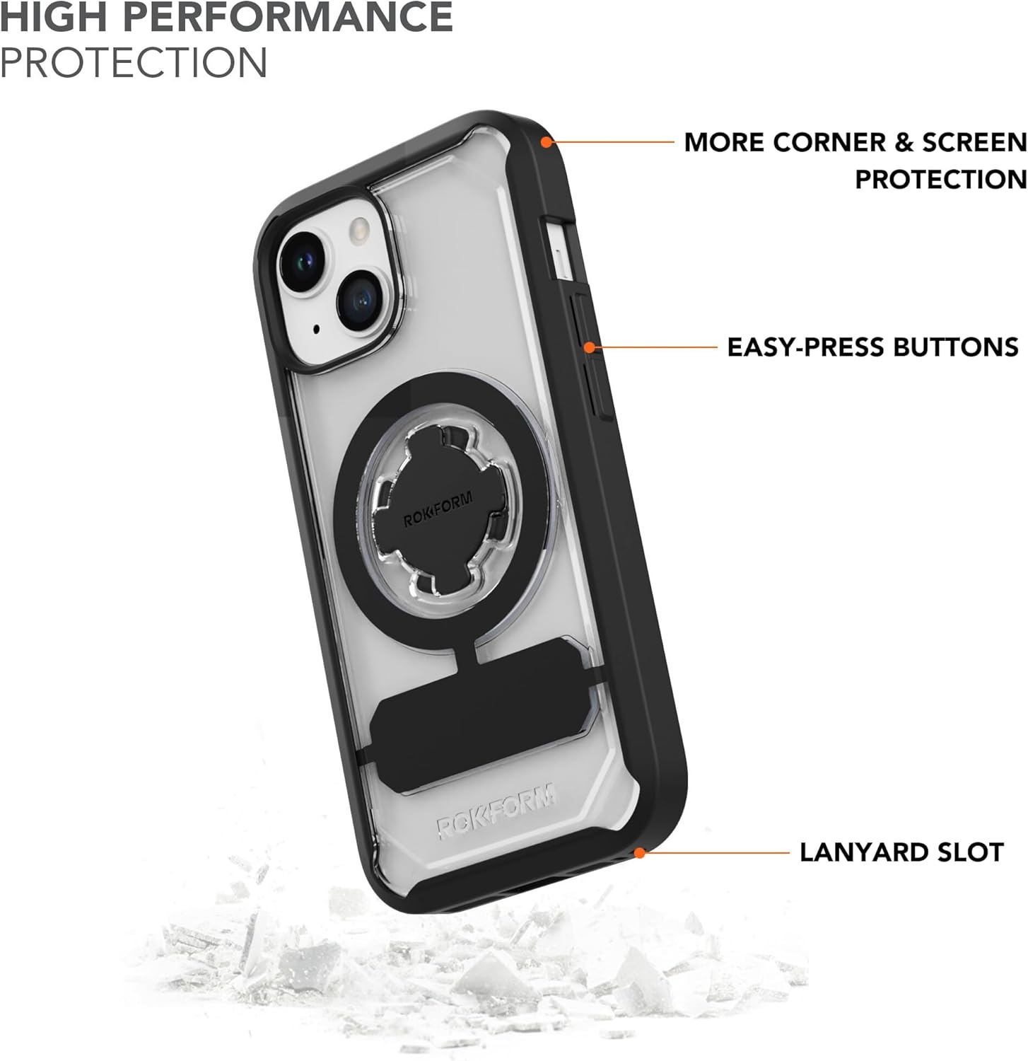 Rokform – Funda para iPhone 15, serie Crystal, funda magnética transparente para iPhone 15 con bloqueo giratorio RokLock, armadura delgada probada