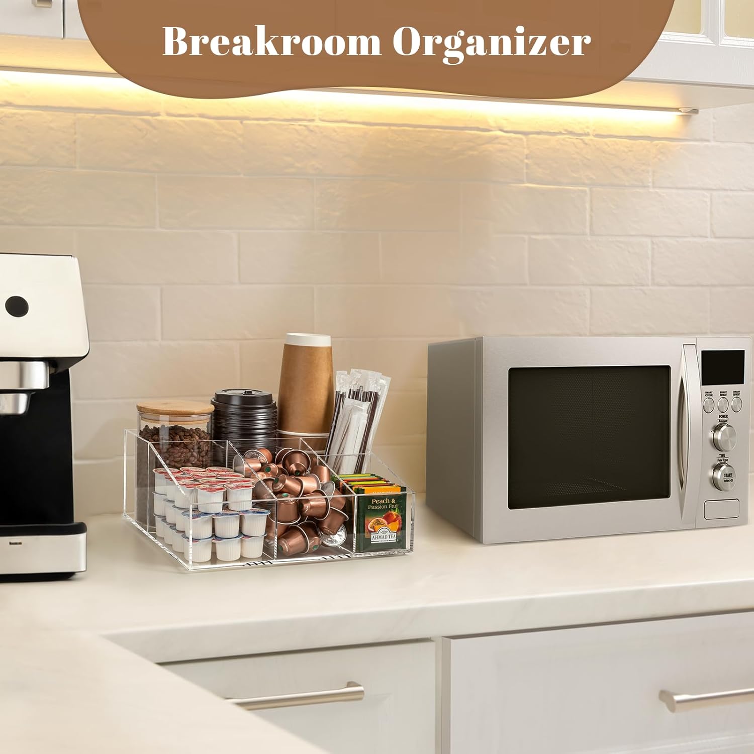 BEYGORM Organizador de acrílico para barra de café para encimera, sala de descanso de oficina, accesorios de almacenamiento de aperitivos, soporte