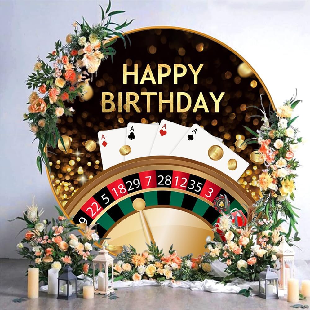 AWERT Fondo redondo de poliéster de 6.5 pies de diámetro de feliz cumpleaños, Las Vegas, Casino, Noche, Dados, fichas de póquer, monedas de oro,
