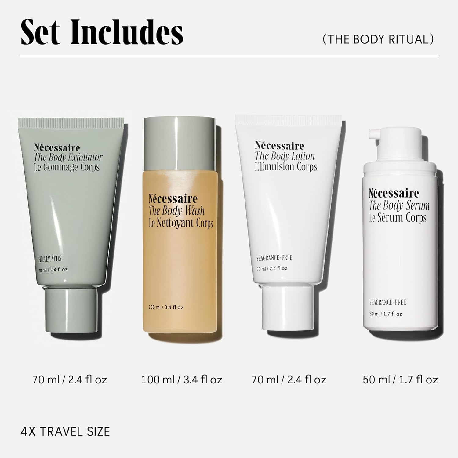 Nécessaire The Body Ritual Set. 4 x tamaño de viaje. Suave, repone, firme, hidrata con AHABHAPHA, ácido hialurónico, péptidos, niacinamida. Probado