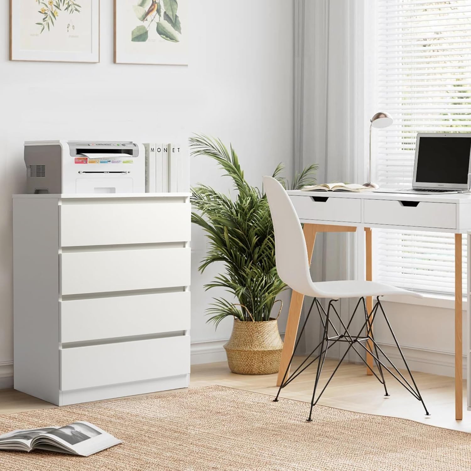Karl home Cómoda blanca de 4 cajones para dormitorio, cómoda de madera con cajones profundos, cómoda alta con asas recortadas, cómoda de madera
