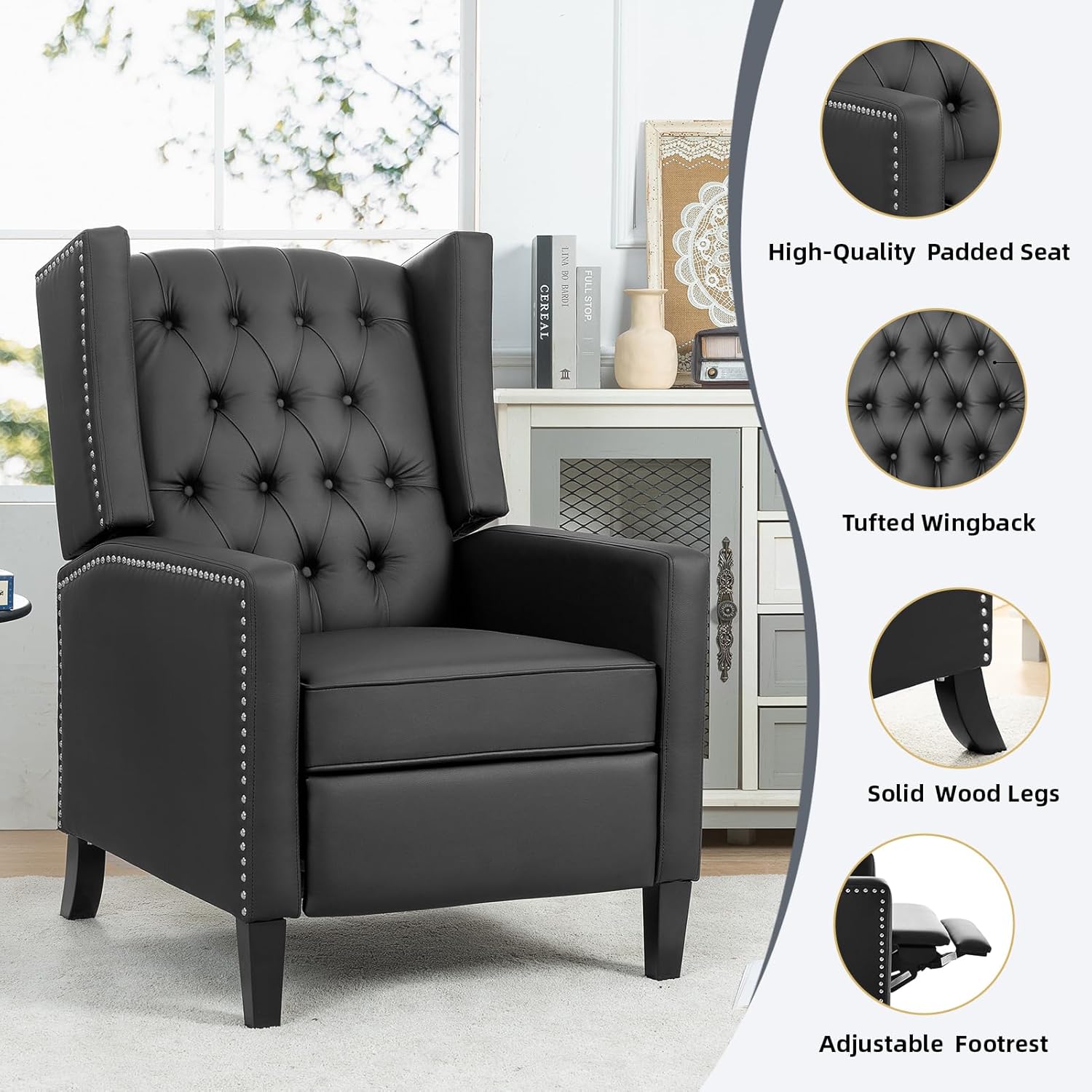 Silla reclinable moderna de piel sintética, silla reclinable con respaldo de empuje, sillón de lectura copetudo, silla decorativa para sala de
