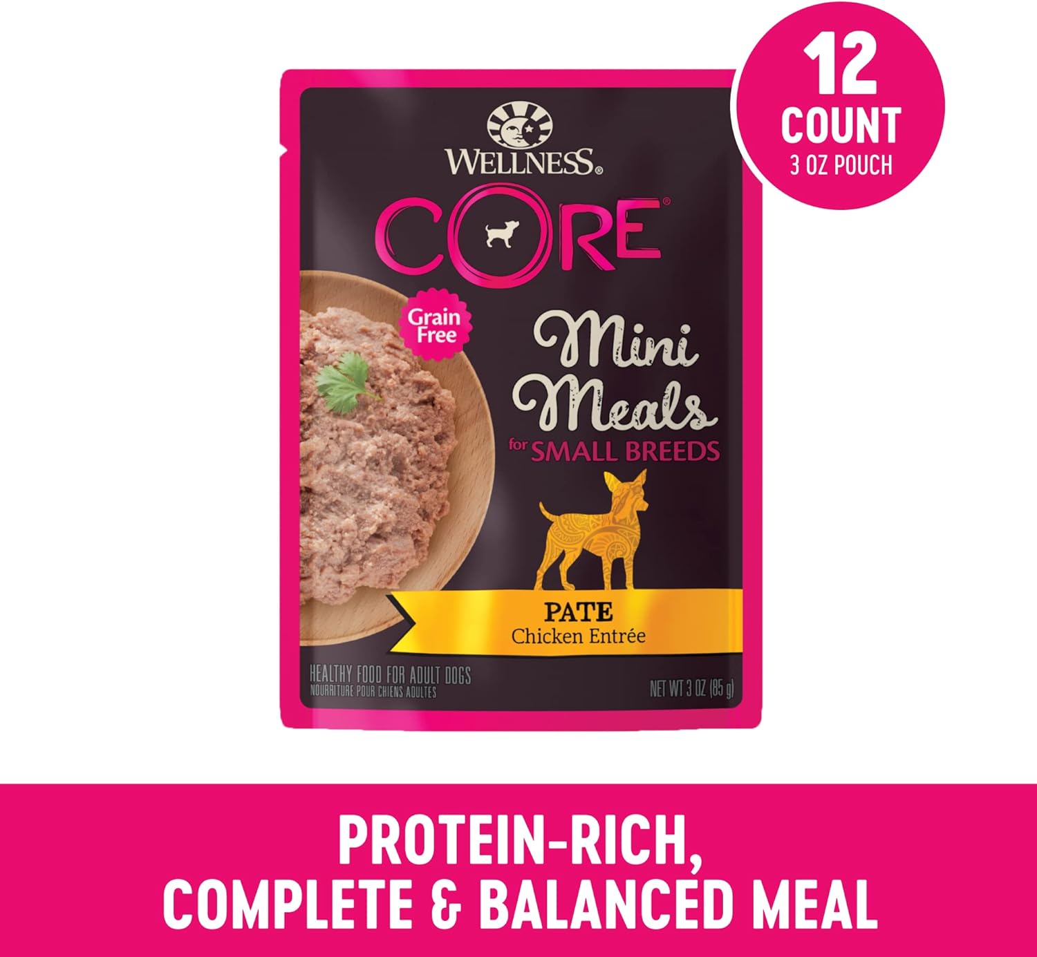 Wellness CORE – Alimento húmedo natural para perros de raza pequeña, sin granos, plato principal de pollo en paté, bolsa de 3 onzas (paquete de 12)
