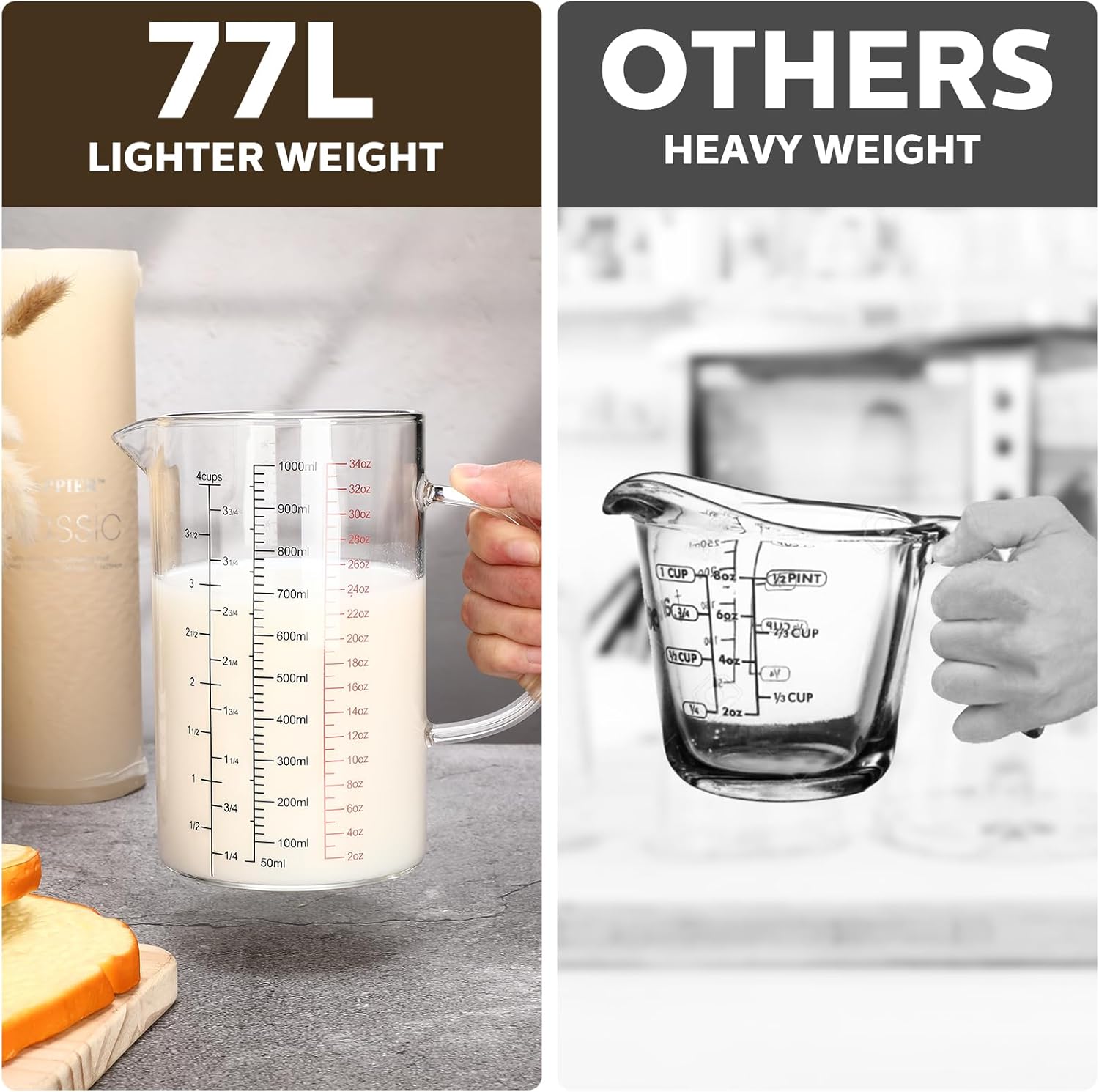 Lallisa Paquete de 3 tazas medidoras de vidrio con asa y boquilla en forma de V, vaso de vidrio de borosilicato alto con 3 escalas (Oz, taza, Ml)
