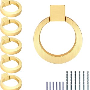 Pomos de gabinete, aleación de zinc, tirador de anillo de cajón de latón cepillado redondo para gabinete de cocina, perilla de cajón de puerta Pomos de gabinete, aleación de zinc, tirador de anillo de cajón de latón cepillado redondo para gabinete de cocina, perilla de cajón de puerta