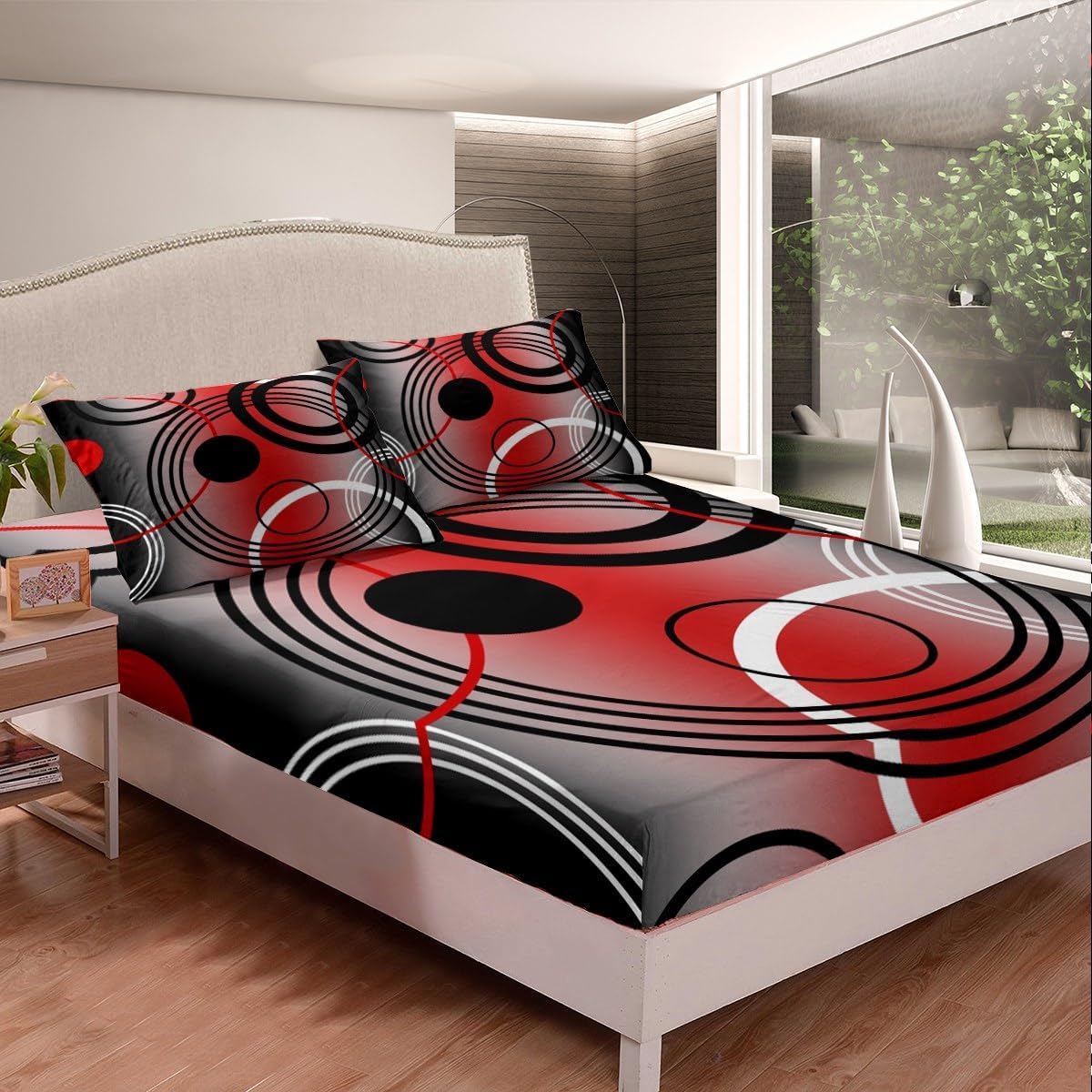 jejeloiu Juego de sábanas rojas y negras tamaño Queen con círculos geométricos para niños y niñas, decoración geométrica con sábana bajera ajustable