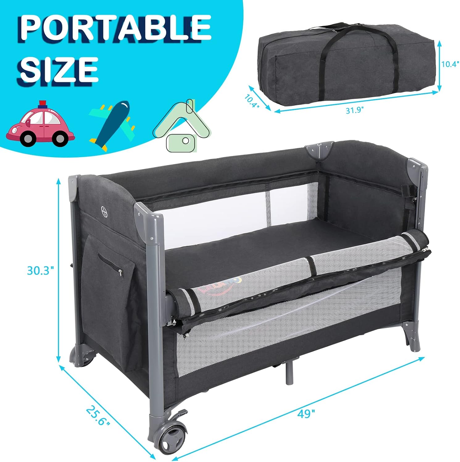 Ktaxon Cuna de bebé 3 en 1, cuna con 3 niveles de ajuste de altura, diseño plegable rápido y rueda flexible con freno de recién nacido a niños (gris