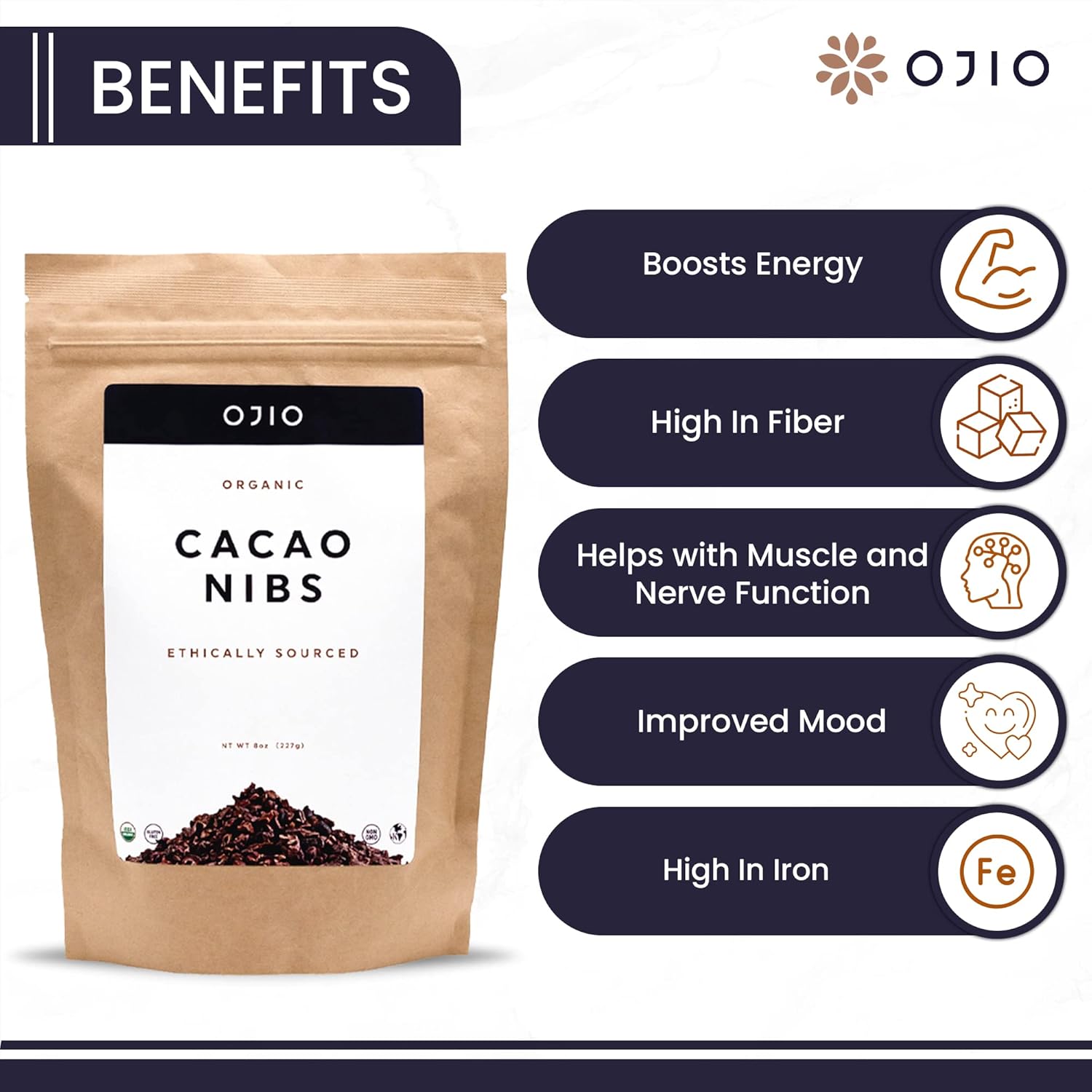OJIO Plumas de cacao crudo orgánico  Paleo  Orgánico  Sin OMG  Kosher  Superalimento antioxidante antienvejecimiento  Sin gluten  8 onzas  Paquete