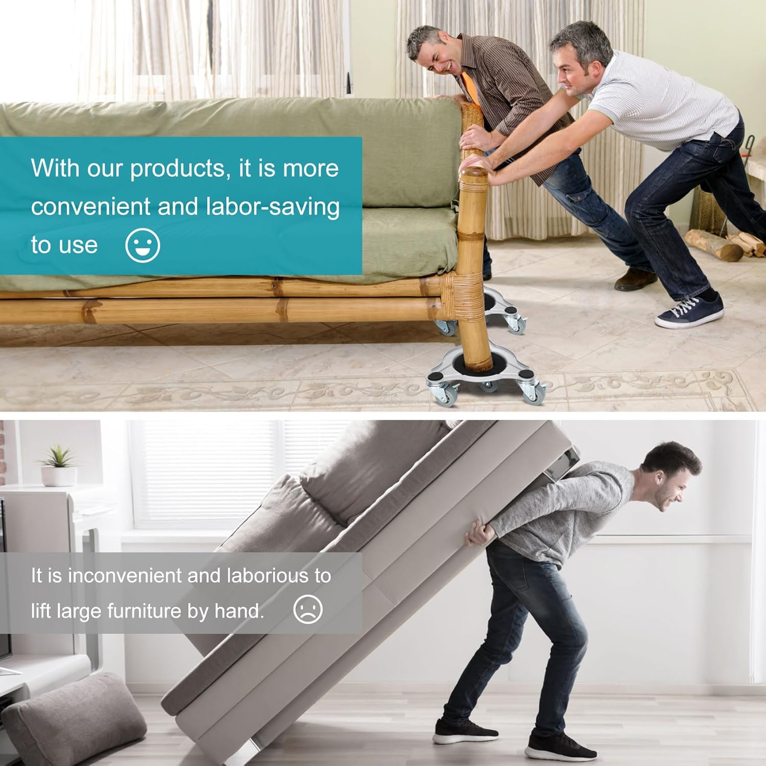 Paquete de 4 mudanzas de muebles, carrito de mudanza con 4 ruedas, ruedas de rotación de 360, estructura de trípode de acero, 3 ruedas con frenos