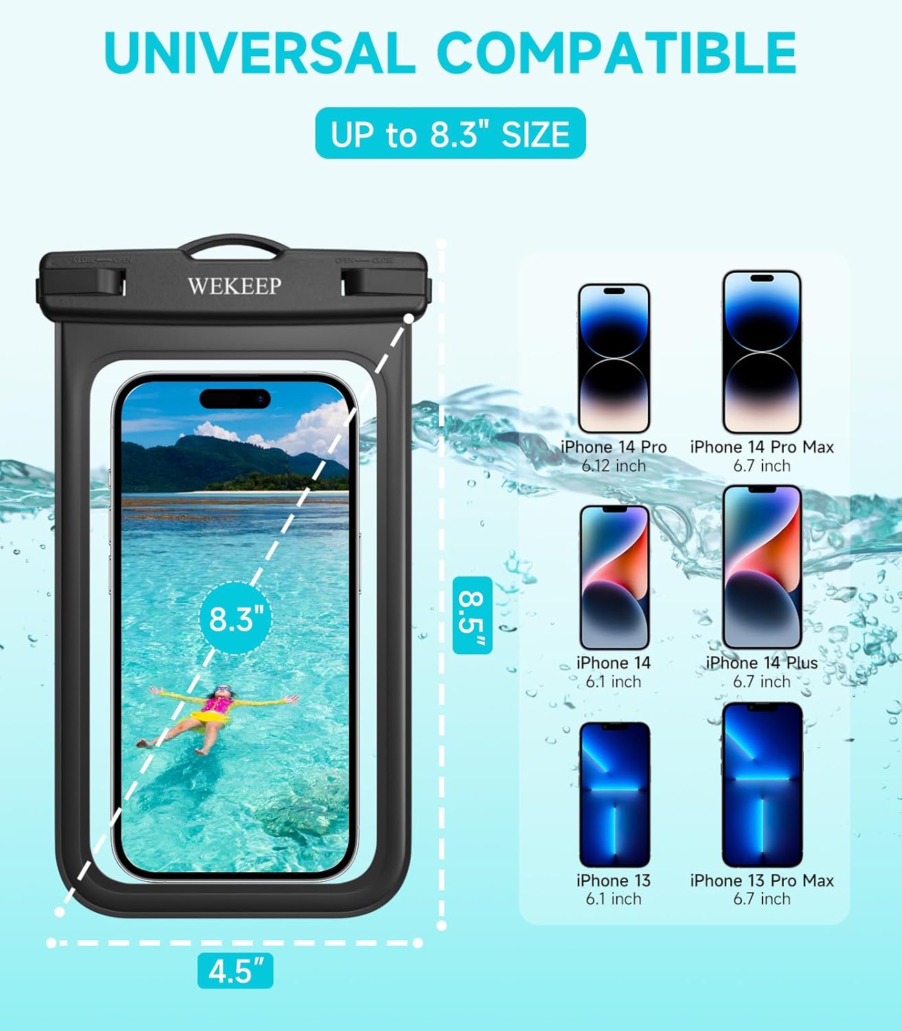 WEKEEP Paquete de 2 fundas universales impermeables para teléfono de hasta 8.3 pulgadas, IPX8 para teléfono celular, compatible con iPhone 14, 13,