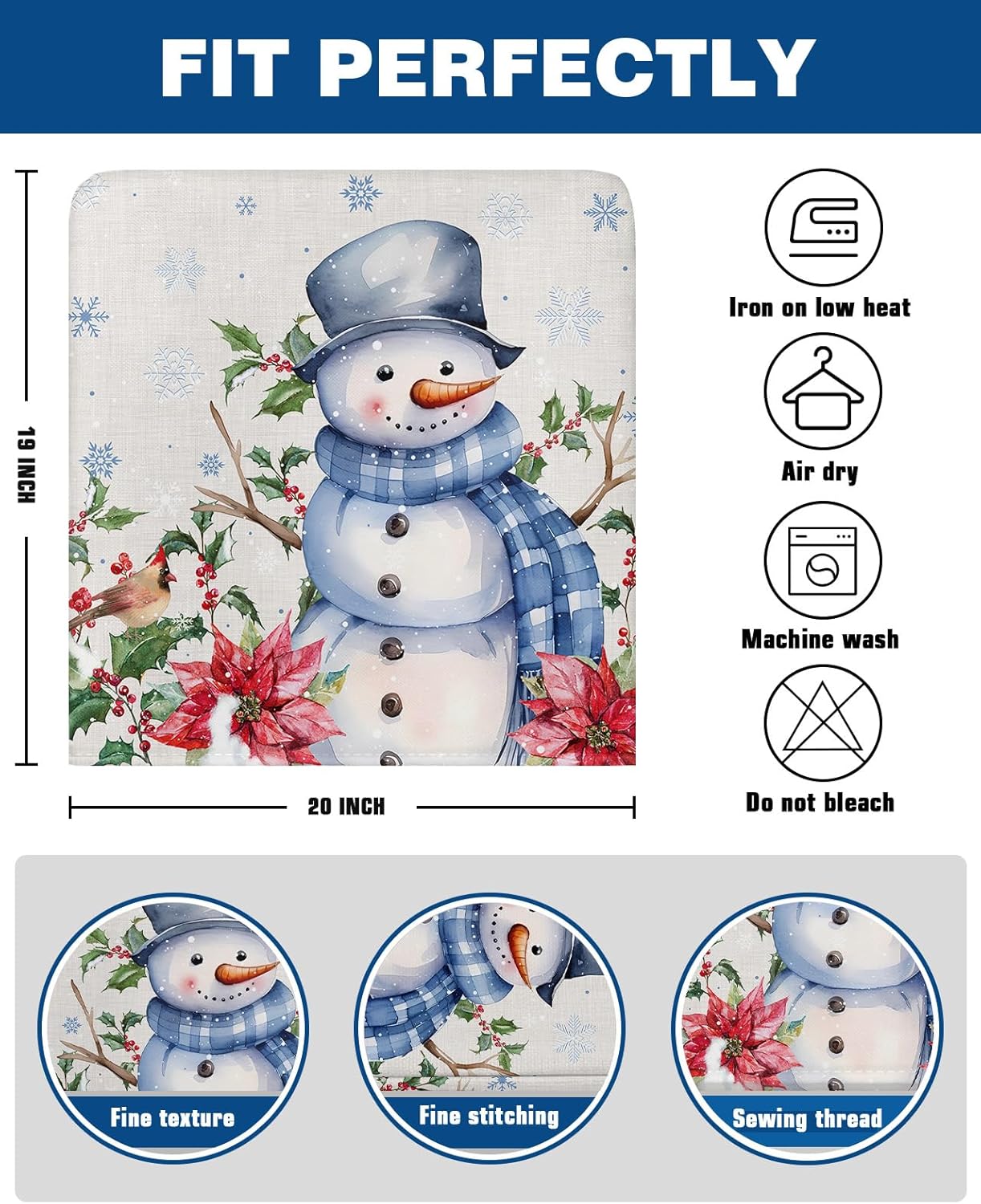 Paquete de 4 fundas de respaldo de silla de Navidad con muñeco de nieve azul para sillas de comedor, fundas extraíbles lavables para silla de