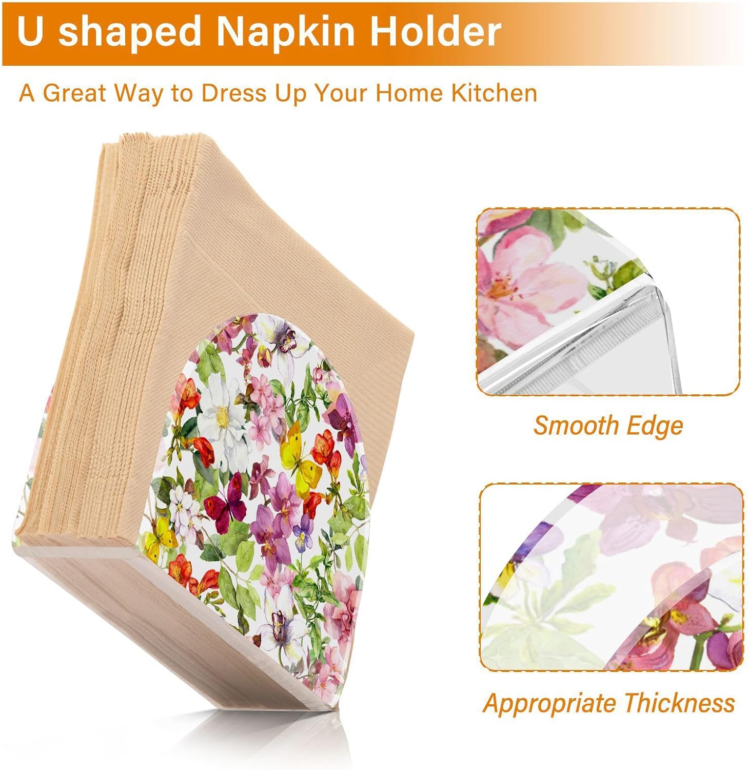 Flowers Butterfly Napkin Holder for Table, Acrylic Upright Non Slip Tabletop Freestanding Tissue Paper Dispenser for Kitchen Restaurant Home Hotel