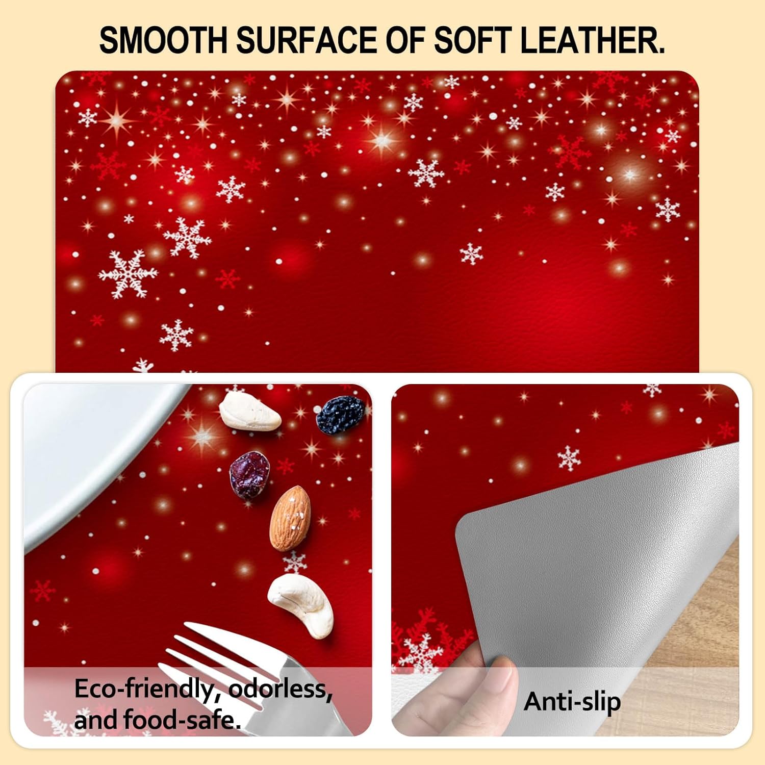 LNOND Juego de 4 manteles individuales y posavasos rojos, tapetes de mesa de cocina con copos de nieve navideños, resistentes al calor en invierno,