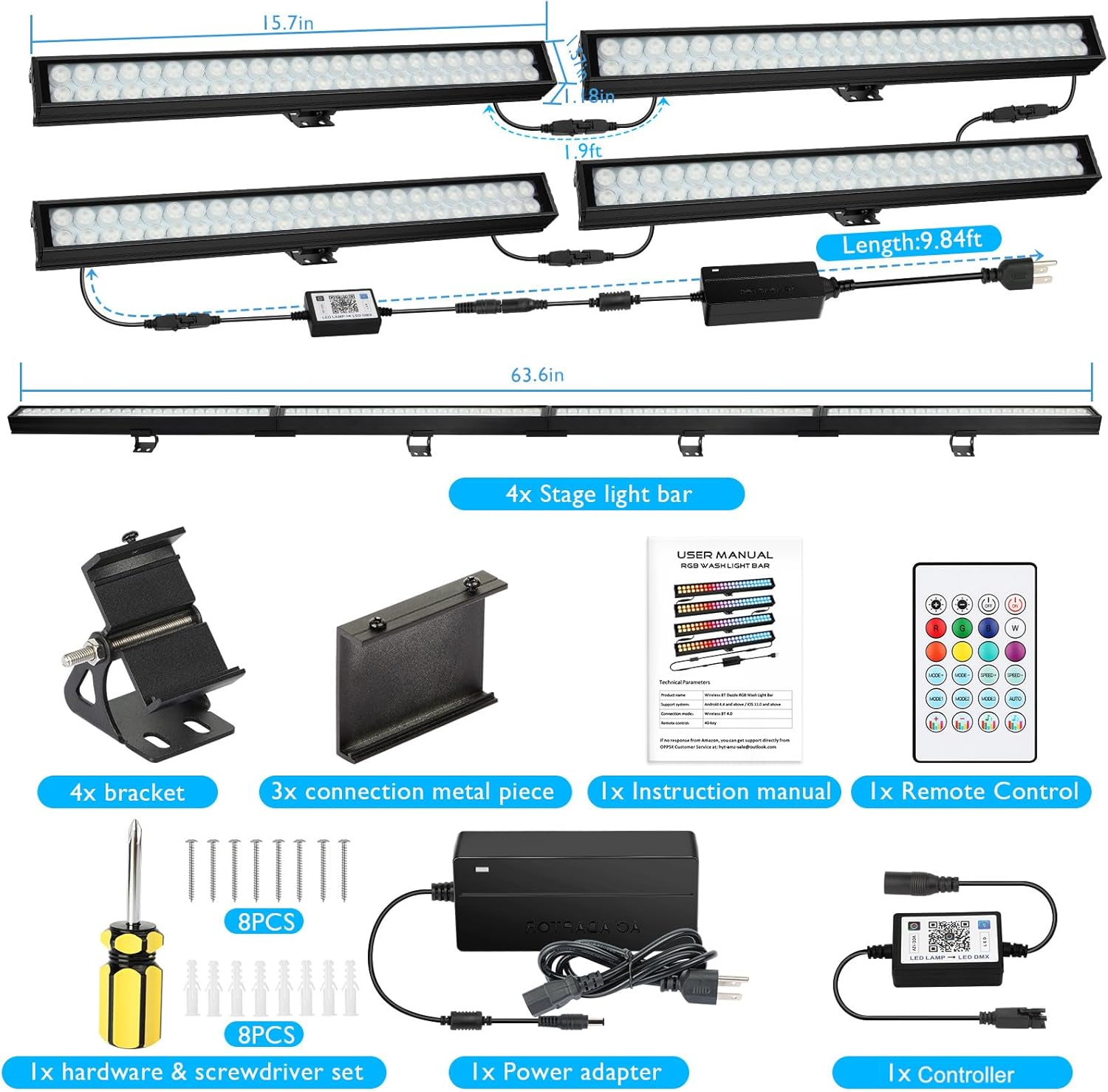 Barra de luz LED para lavado de escenario, 192 LED, 35 W, aplicación y control remoto, arandela de pared, luz activada por sonido, reproducción