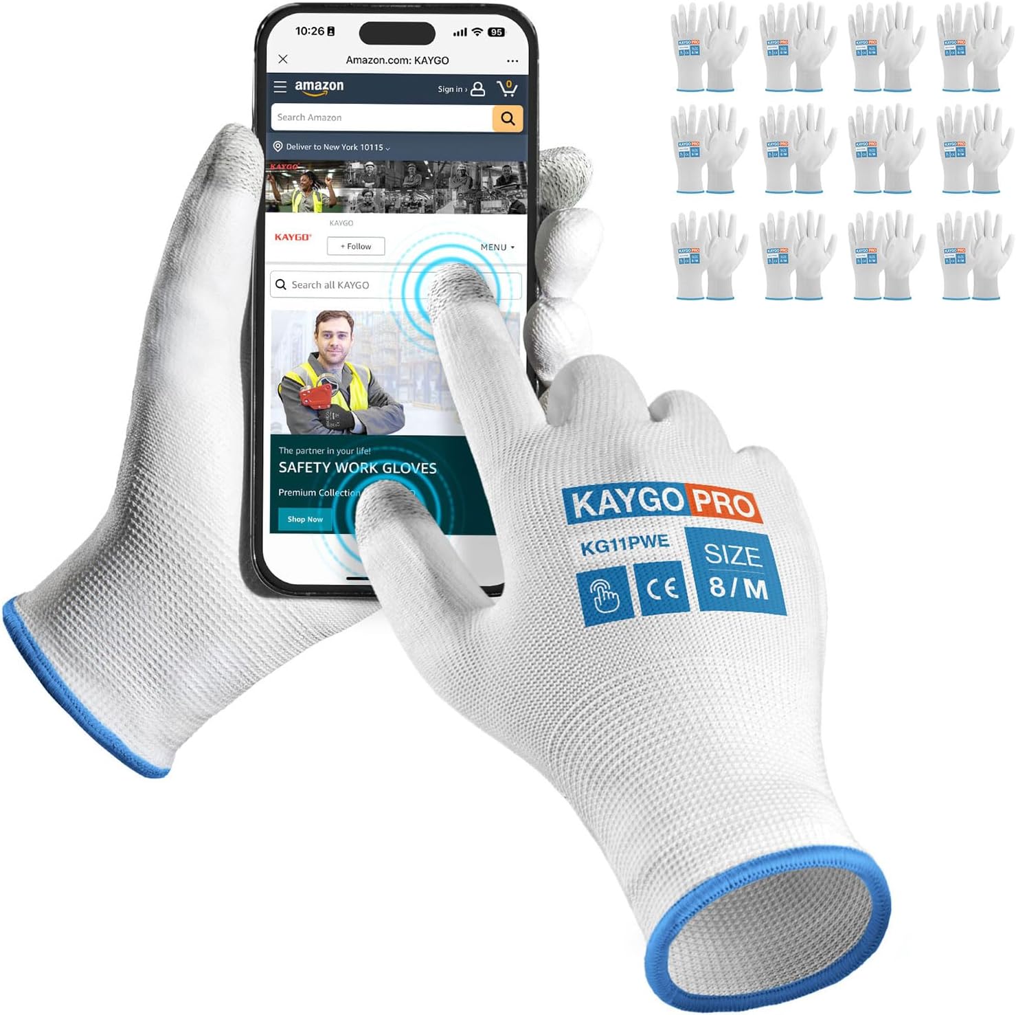 KAYGO Guantes de trabajo de seguridad con revestimiento de poliuretano para hombres y mujeres, KG11P, 12 pares, guantes de punto sin costuras con