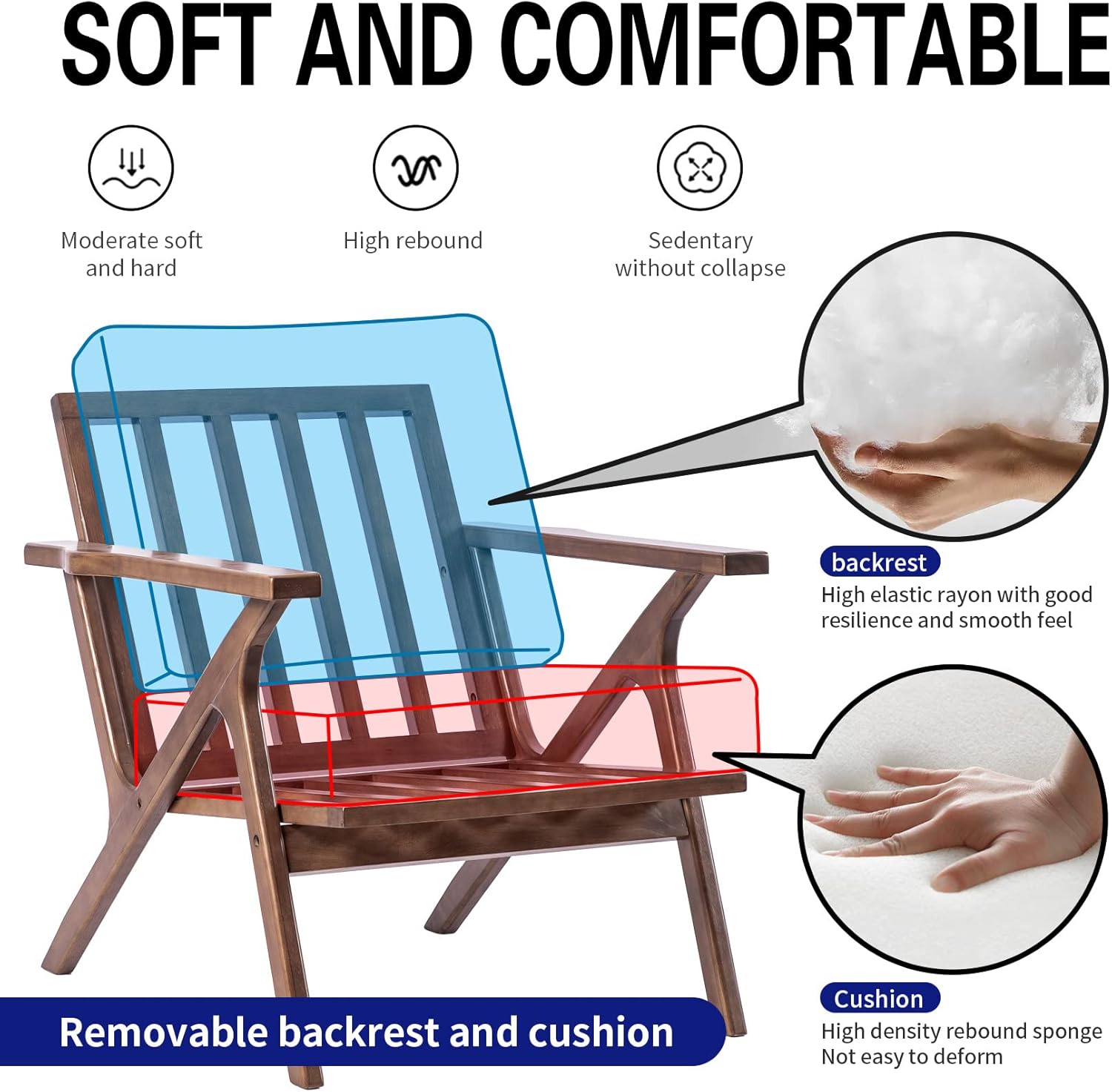 UNICOO – Silla de mediados de siglo, sillón tapizado retro, con marco de madera y cojines extraíbles, silla grande de ocio para sala de