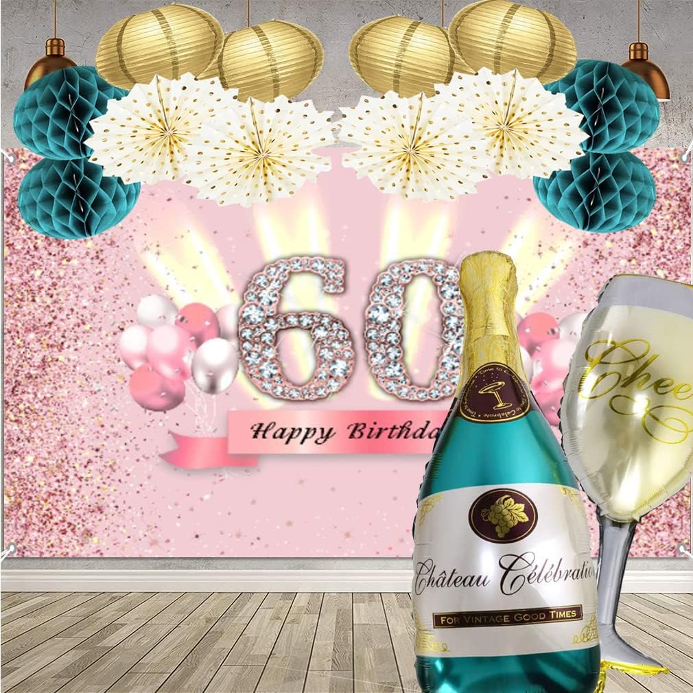 Decoraciones de 60 cumpleaños para mujer, cartel de fondo de feliz cumpleaños 60, cartel de tela para fiesta de aniversario de 60 años, póster de
