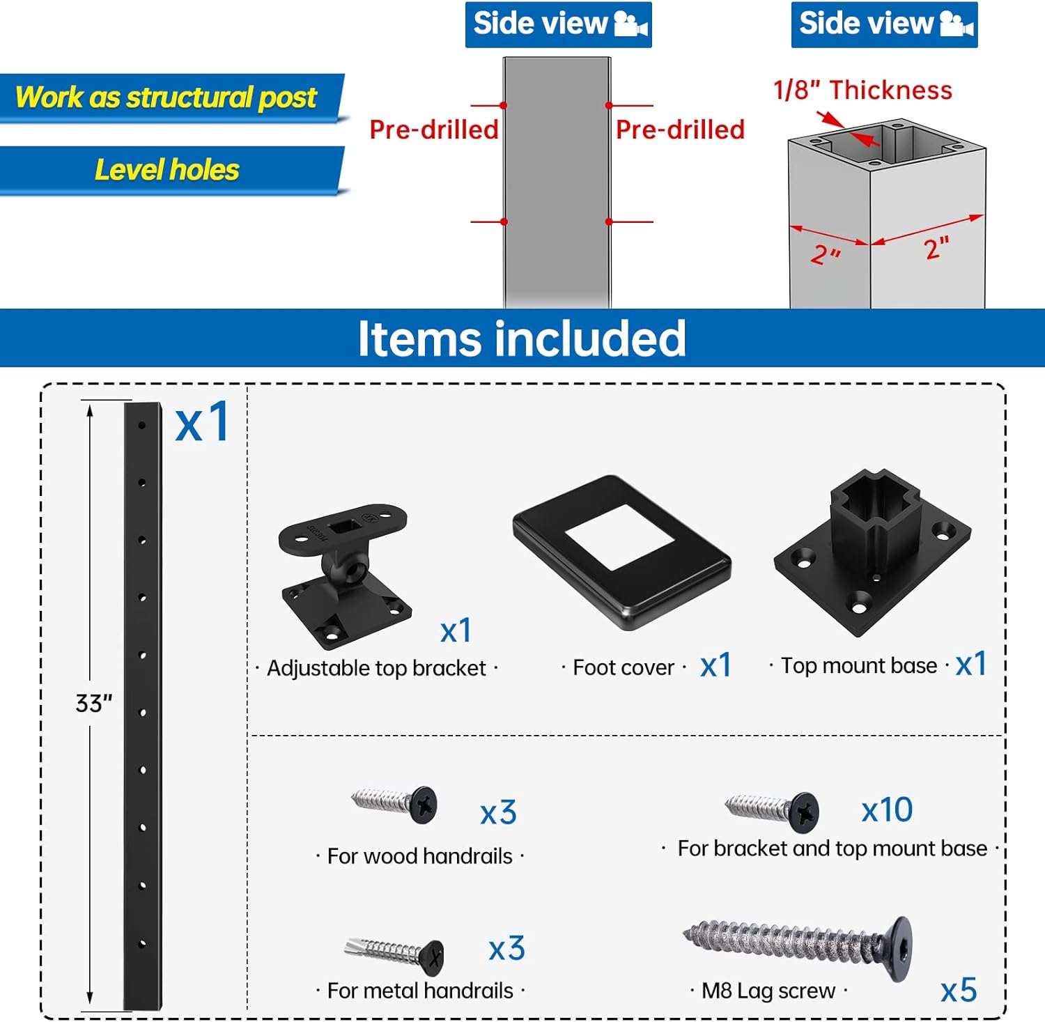 Muzata Poste de aluminio perforado de nivel de 36 x 2 x 2 pulgadas, barandilla de cable superior ajustable, montaje superior, ensamblado, acabado