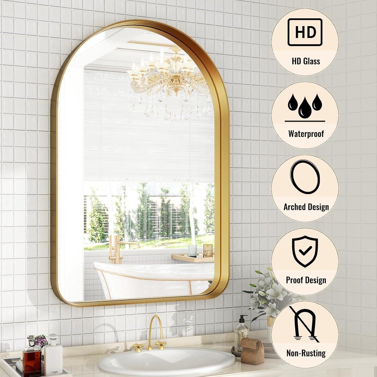 Espejo de baño arqueado, espejo de baño dorado de 38 x 26 pulgadas para pared, espejo enmarcado de aleación de aluminio, espejo de tocador de baño