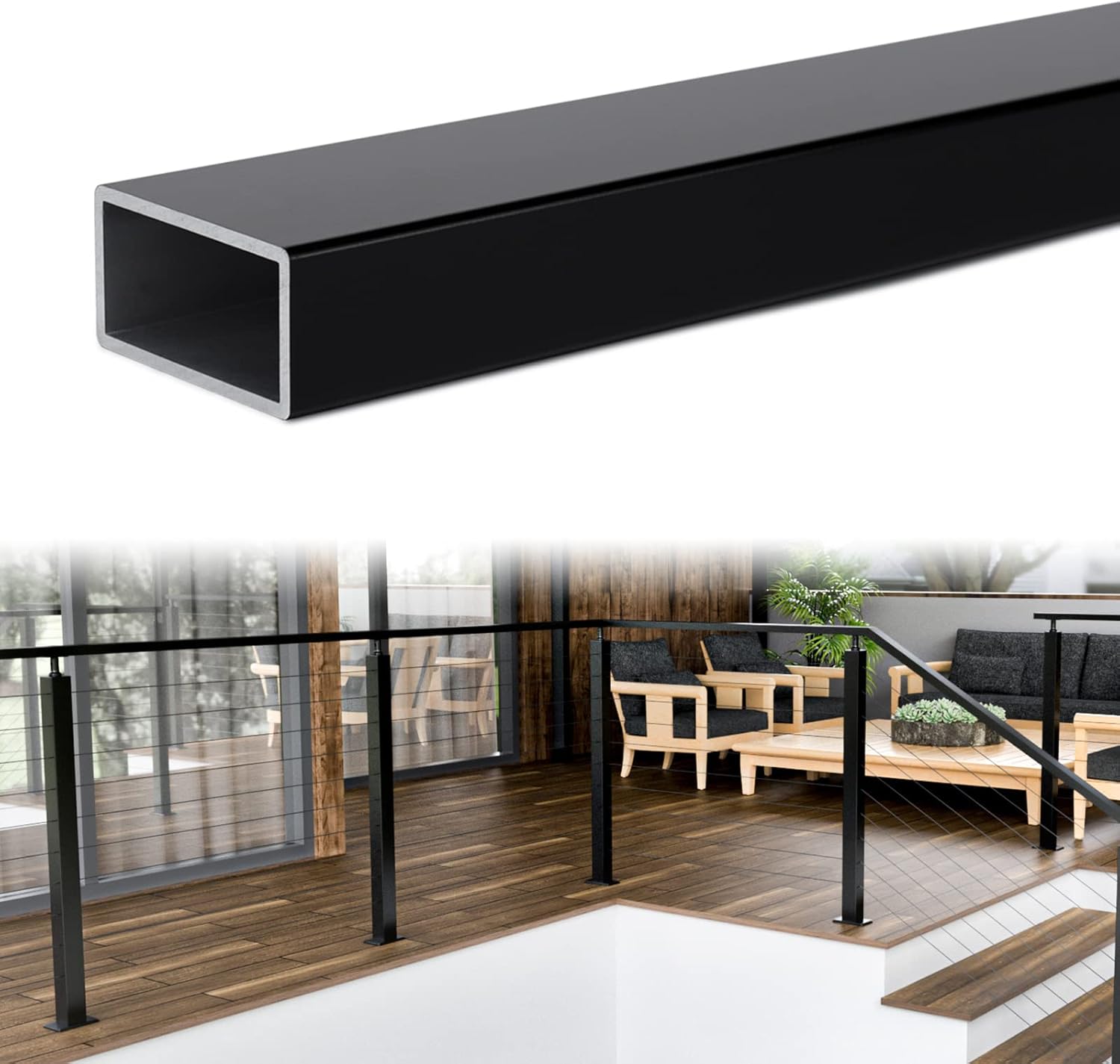 Muzata Barandilla de aluminio de 6 pies 6 “pasamanos rectangular negro barandilla superior plana sistema de barandilla cubierta escalera interior al