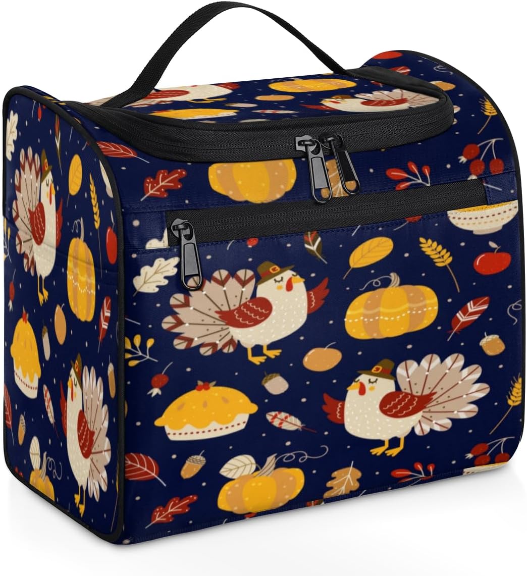 Thanksgiving Day Fun Style Toiletry Bag for Women Travel Makeup Organizer with Hanging Hook Traveling Cosmetic Bags for Toiletries Accessories