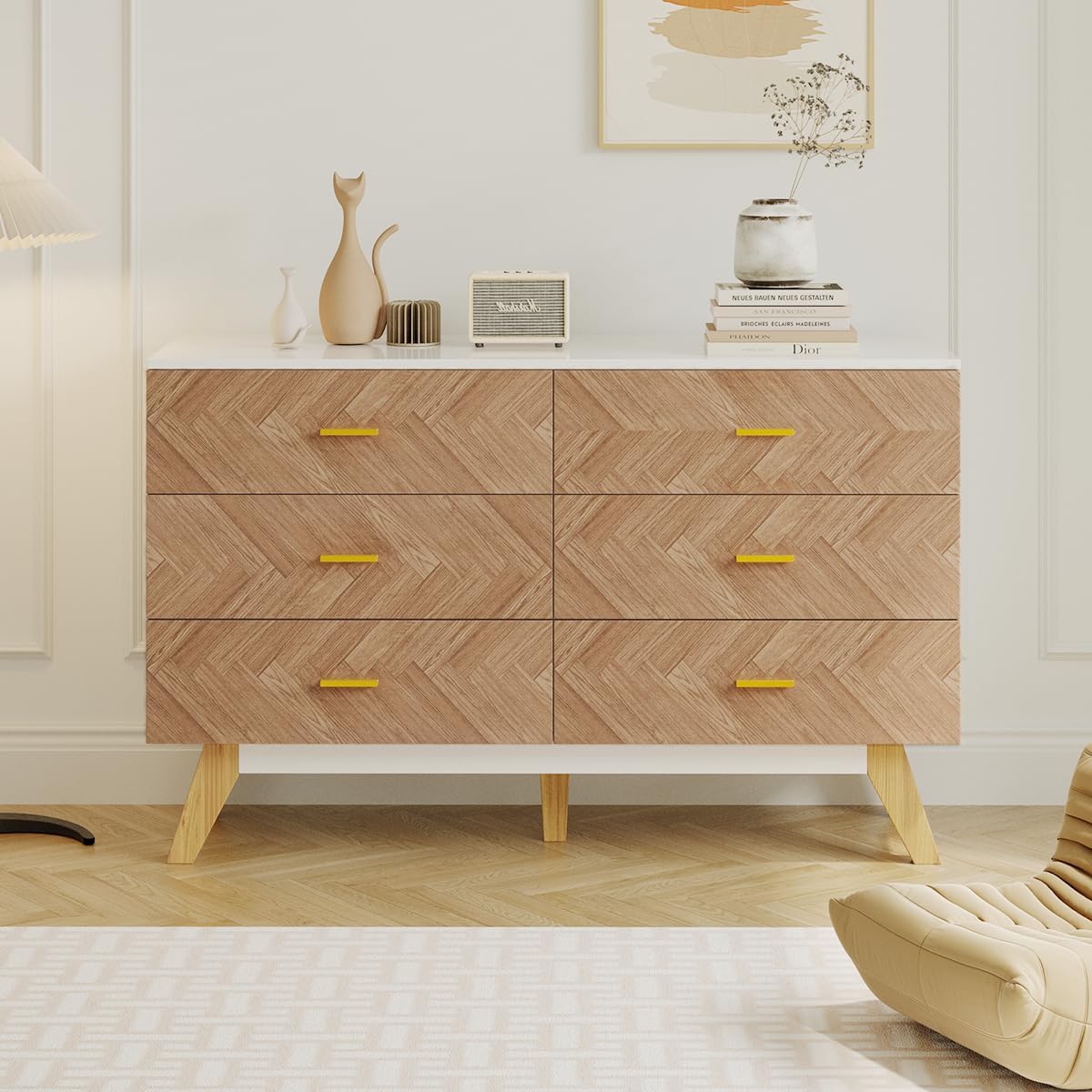 KOZIDO Cómoda de madera con 6 cajones profundos, 6 cómodas dobles, armario de almacenamiento moderno para dormitorio, sala de estar, pasillo,
