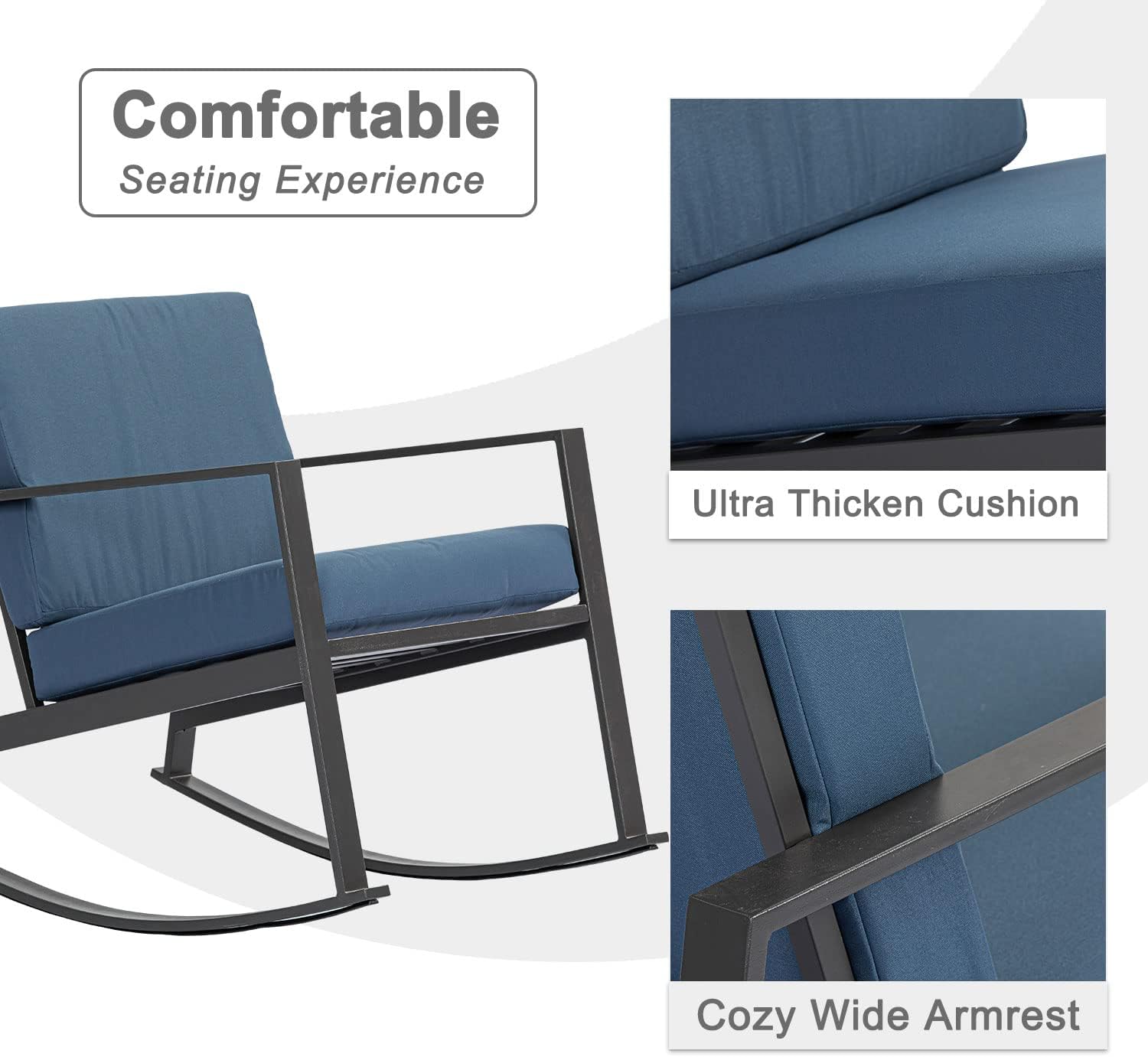 COSIEST Juego de muebles de patio de 3 piezas, juego de mecedoras de acero negro con cojines gruesos azules, mesa auxiliar con parte superior de