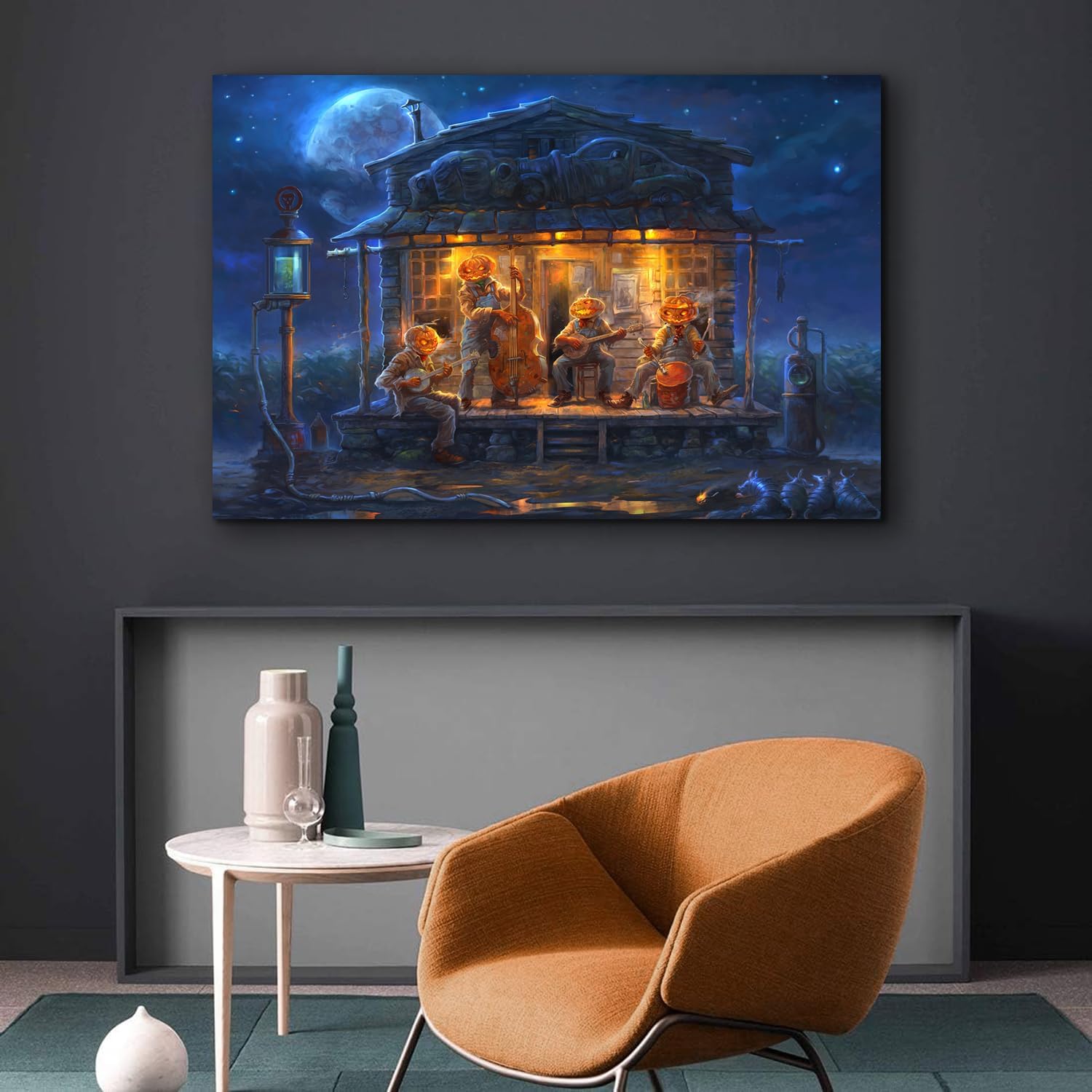 ZKBX – Decoraciones de Halloween, arte de pared de calabaza, pintura de fiesta musical, imagen de pared de noche azul, impresión en lienzo HD,