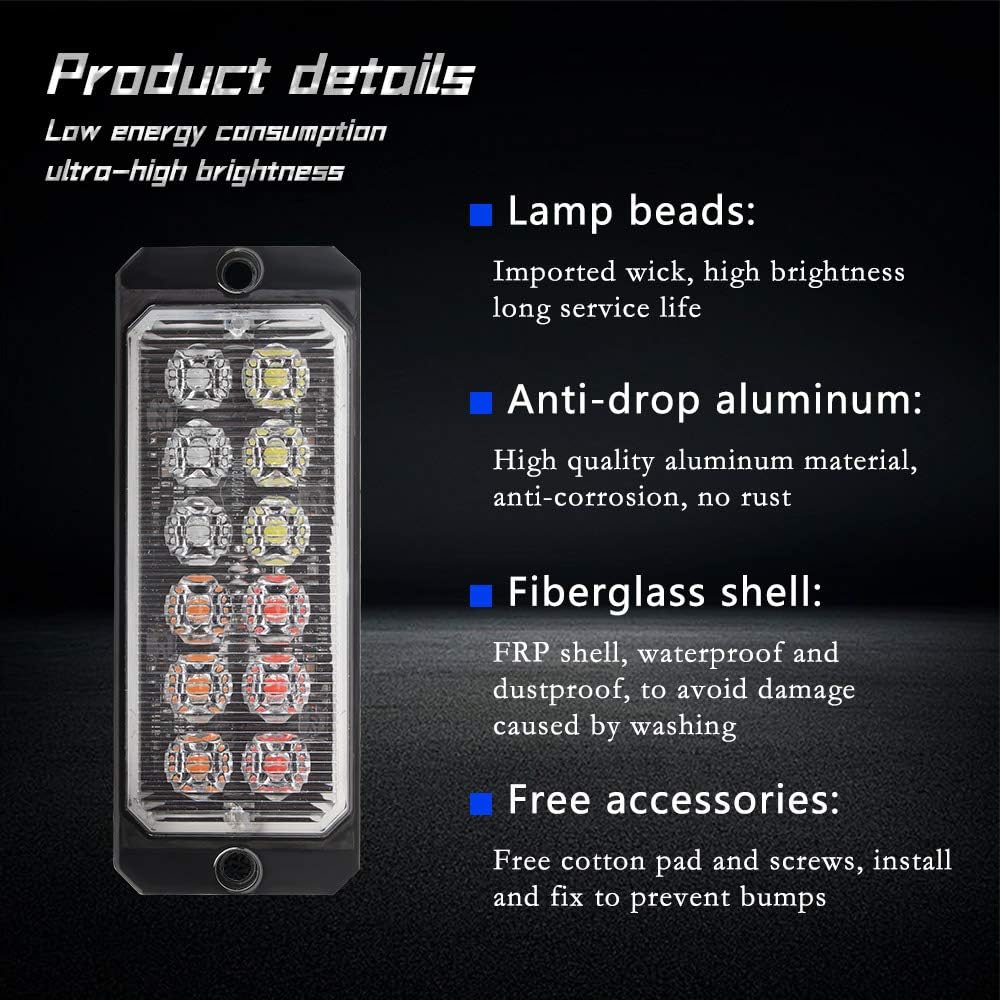 Teguangmei Luces estroboscópicas LED de emergencia, 2 x 12 LED rojoámbarblancoazul, montaje en superficie, rejilla intermitente, advertencia de
