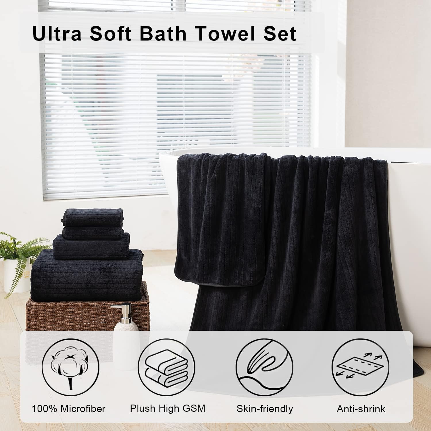 Juego de 8 toallas de baño grandes a rayas negras, 2 toallas de baño, 2 toallas de mano, 4 toallas pequeñas, toallas suaves, absorbentes, de secado