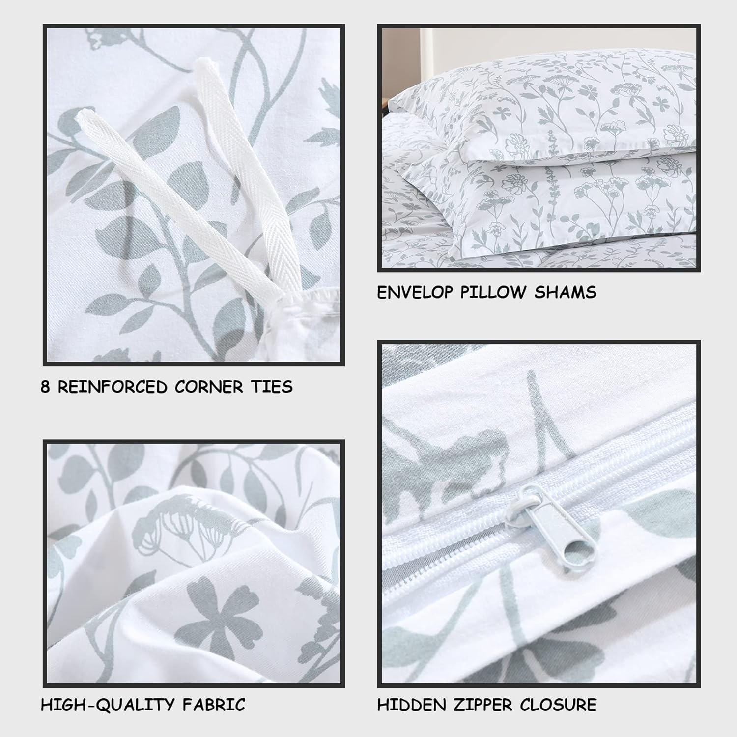 Juego de funda de edredón botánica tamaño King, funda de edredón floral blanco y gris, funda de edredón transpirable con patrón minimalista con