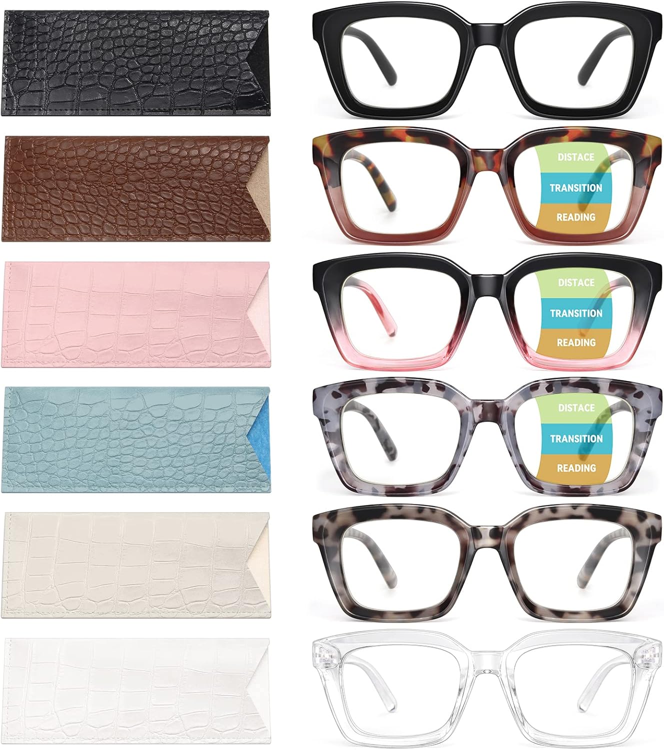 miyya Paquete de 3 lectores multifocales progresivos + paquete de 3 lentes de lectura para mujer, bloqueo de luz azul, cuadrados de gran tamaño con