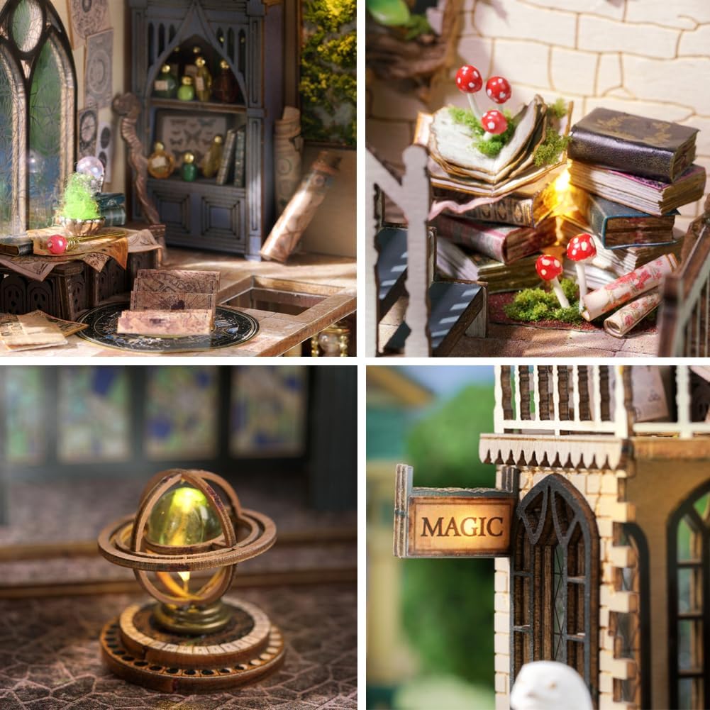 Kit de casa de muñecas en miniatura con cubierta antipolvo, kits de casa de muñecas de madera mágicas retro, manualidades para adultos, kit de