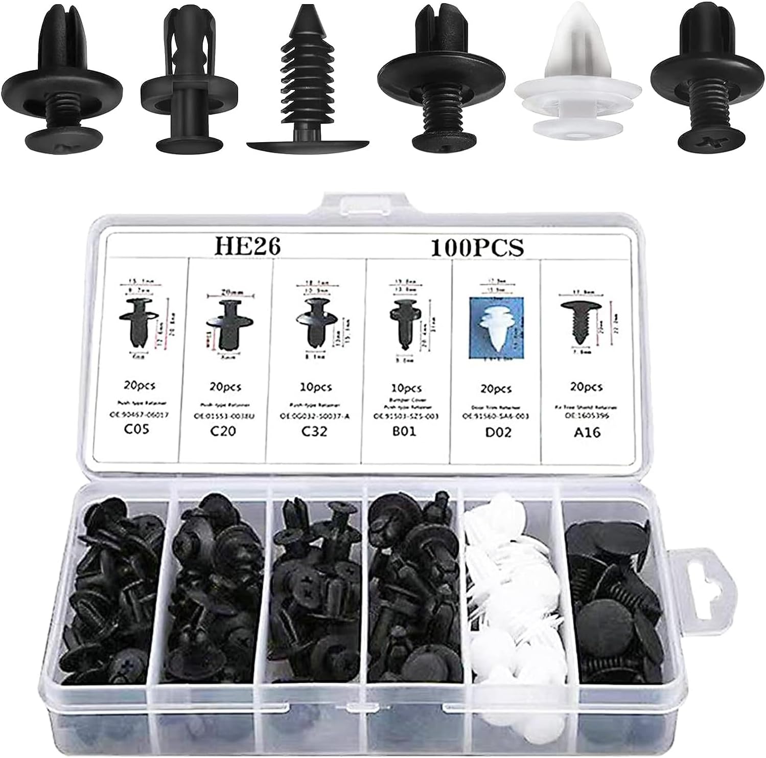 cueclue Juego de 100 hebillas para automóvil, clip de remache PA66 para parachoques, accesorios duraderos impermeables de nailon, producto