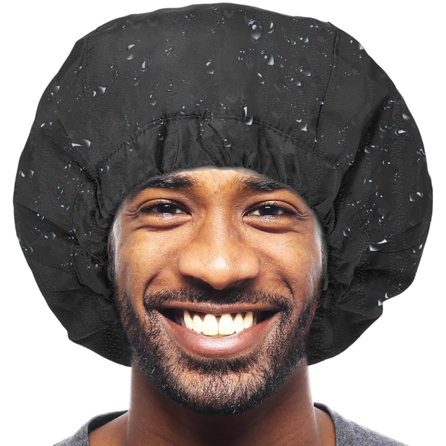 Gorro de ducha para hombre, gorro de baño negro, reversible, con forro de rizo, grande, impermeable, ajustable, banda elástica, dobladillo elástico,