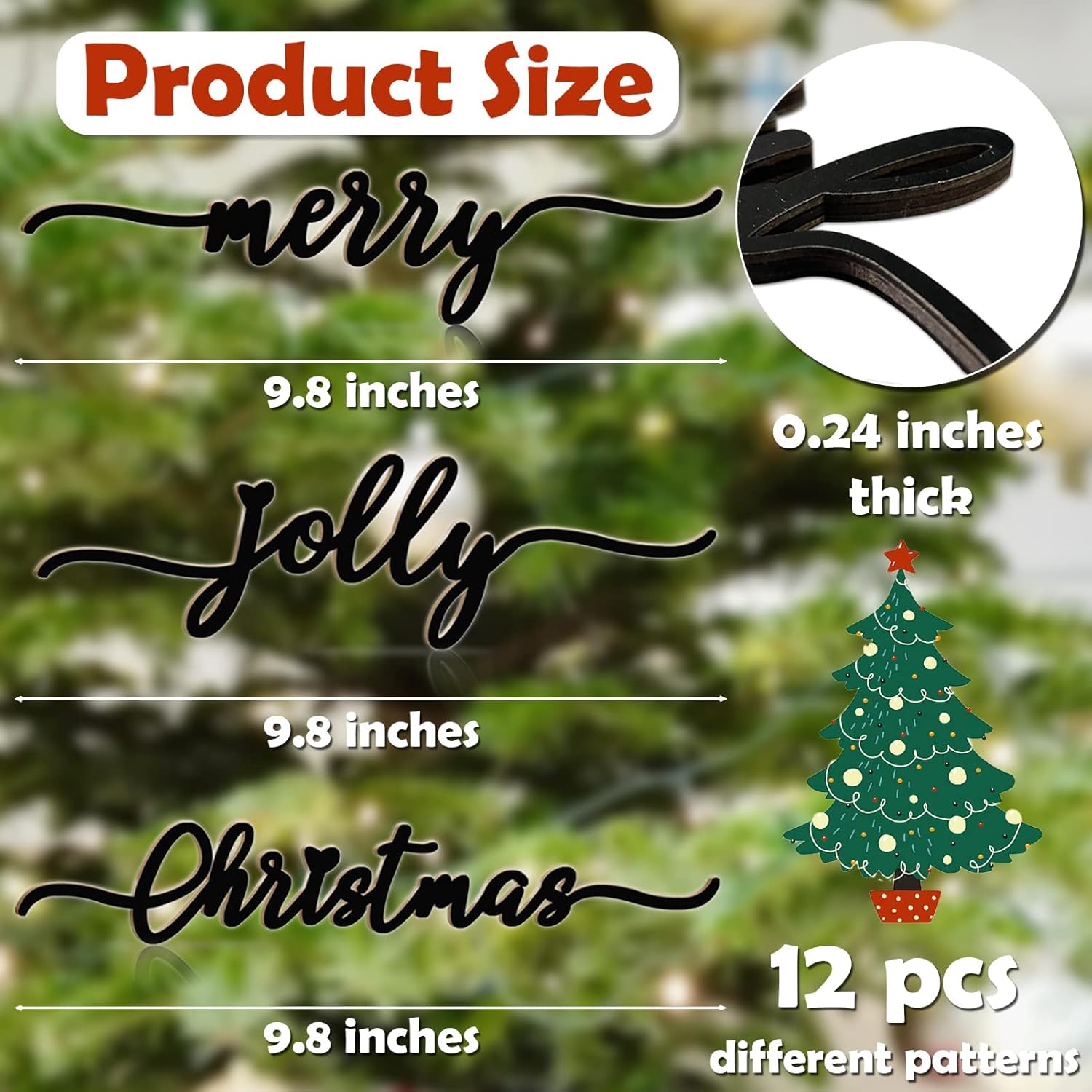 BORAMDO Letrero de pared de madera de Navidad, 12 piezas, recortes de palabras de madera para decoración del hogar, placa de mesa, adornos rústicos,