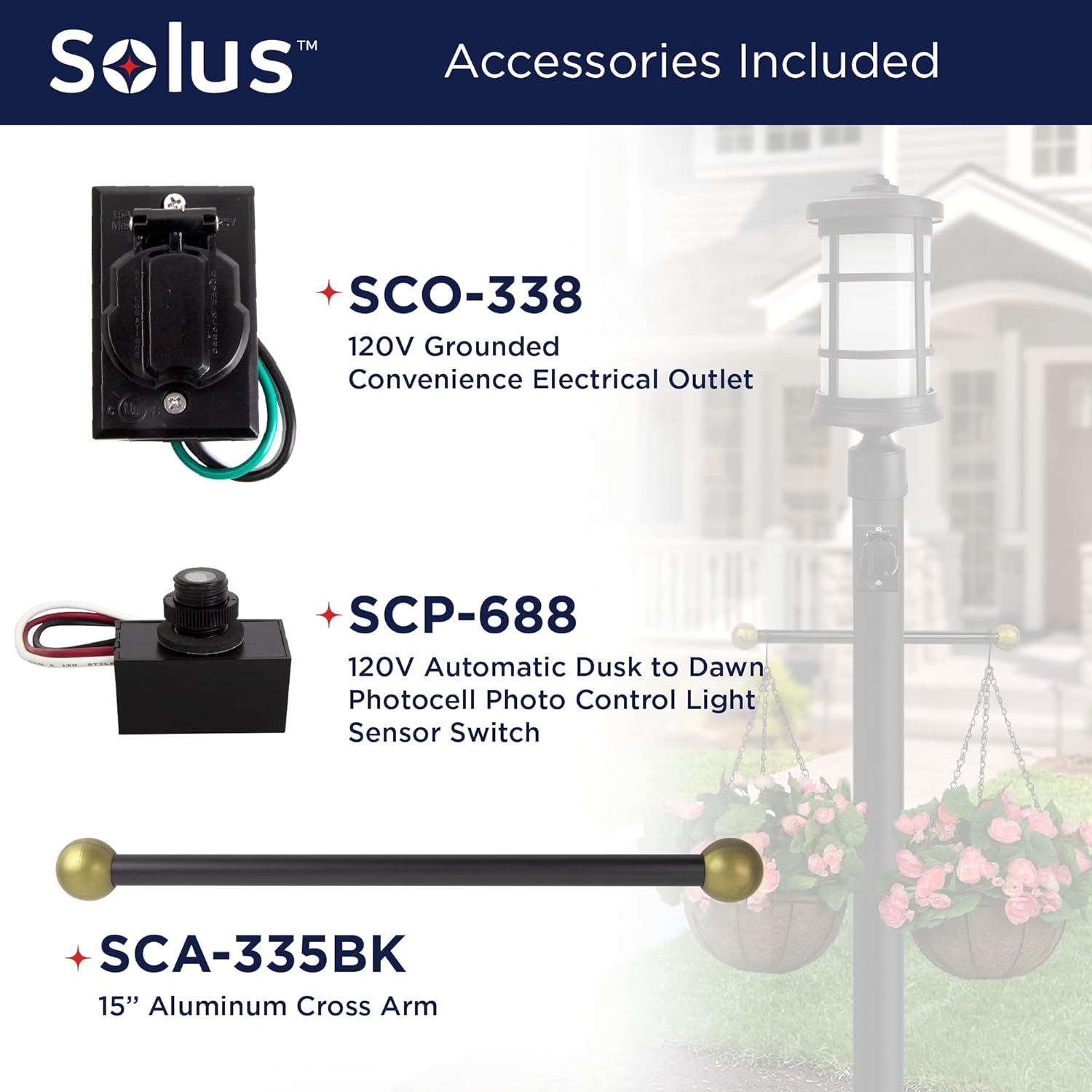 Solus PB-6 – Paquete de accesorios de poste de lámpara para exteriores de 120 V, incluye toma de corriente eléctrica, brazo cruzado de 15 pulgadas y