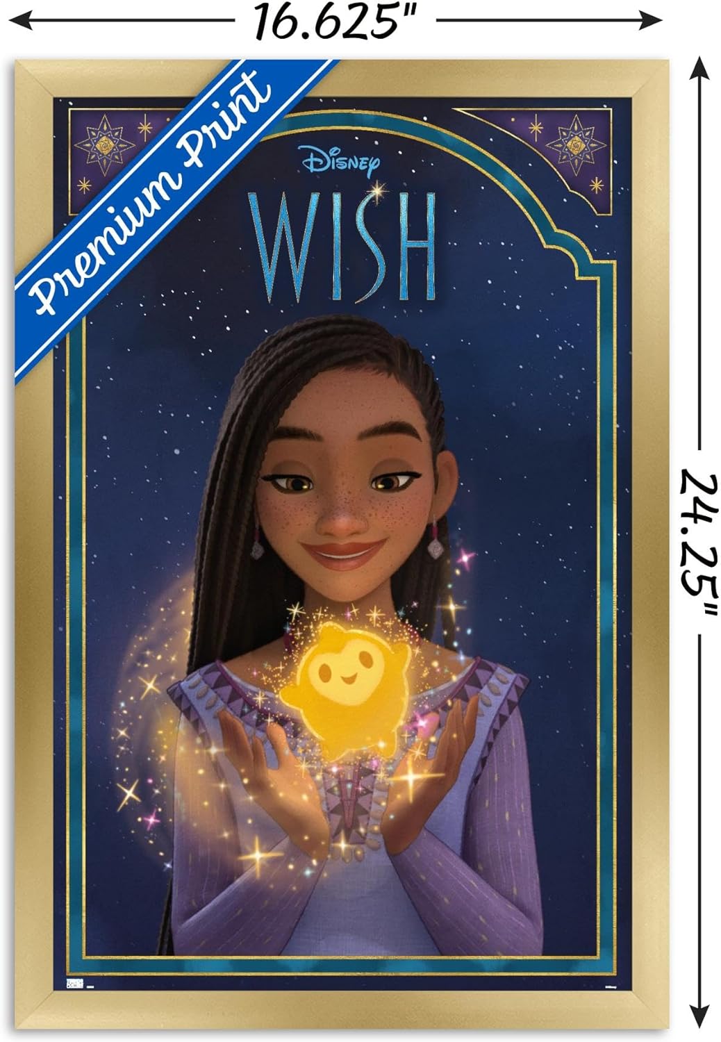 Trends International Disney Wish – Póster de pared Asha & Star, 14.72 x 22.37 pulgadas, versión enmarcada en oro