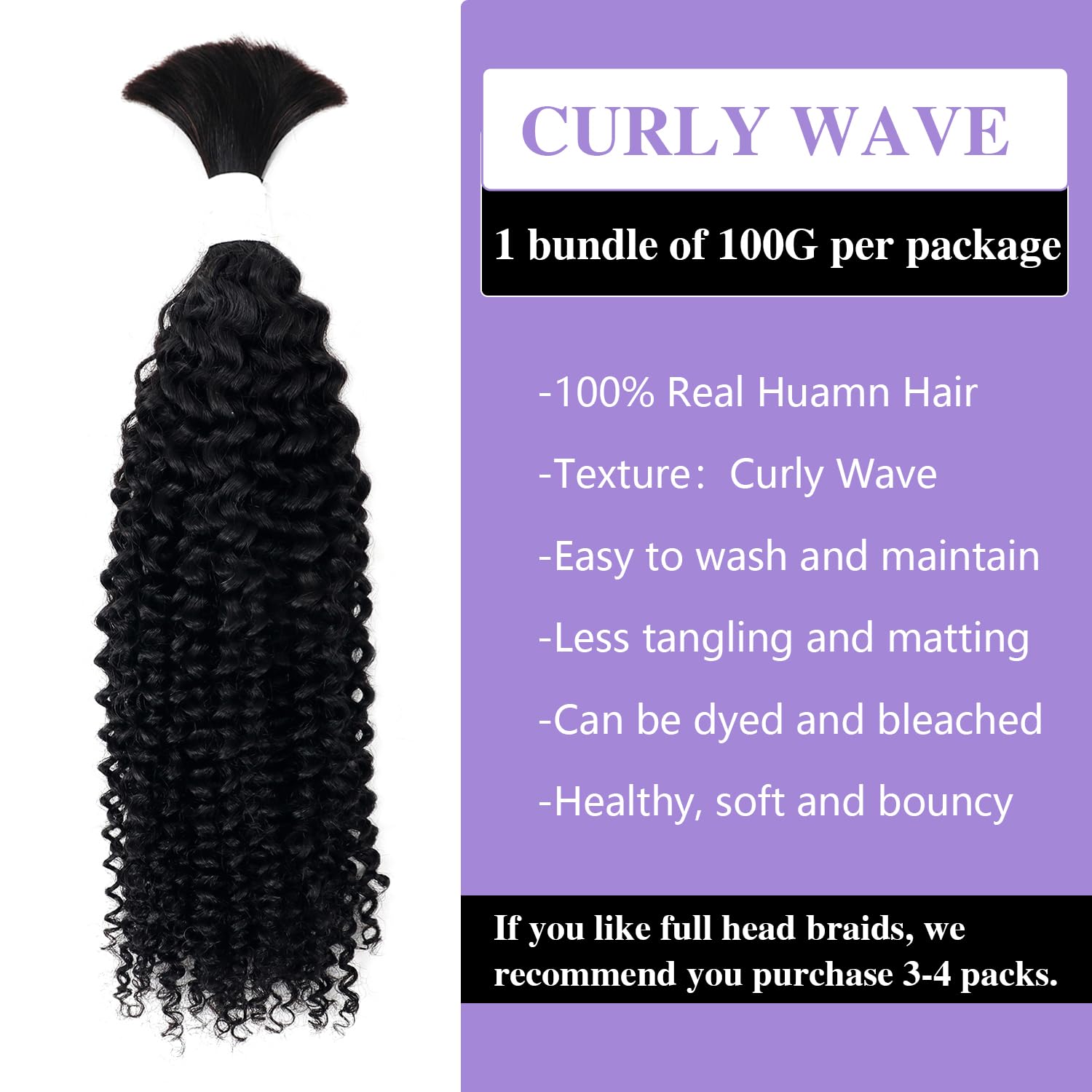 Cabello humano trenzado de 3.53 oz, un paquetepaquete de 18 pulgadas, cabello humano rizado negro natural para trenzar sin trama, 100% cabello
