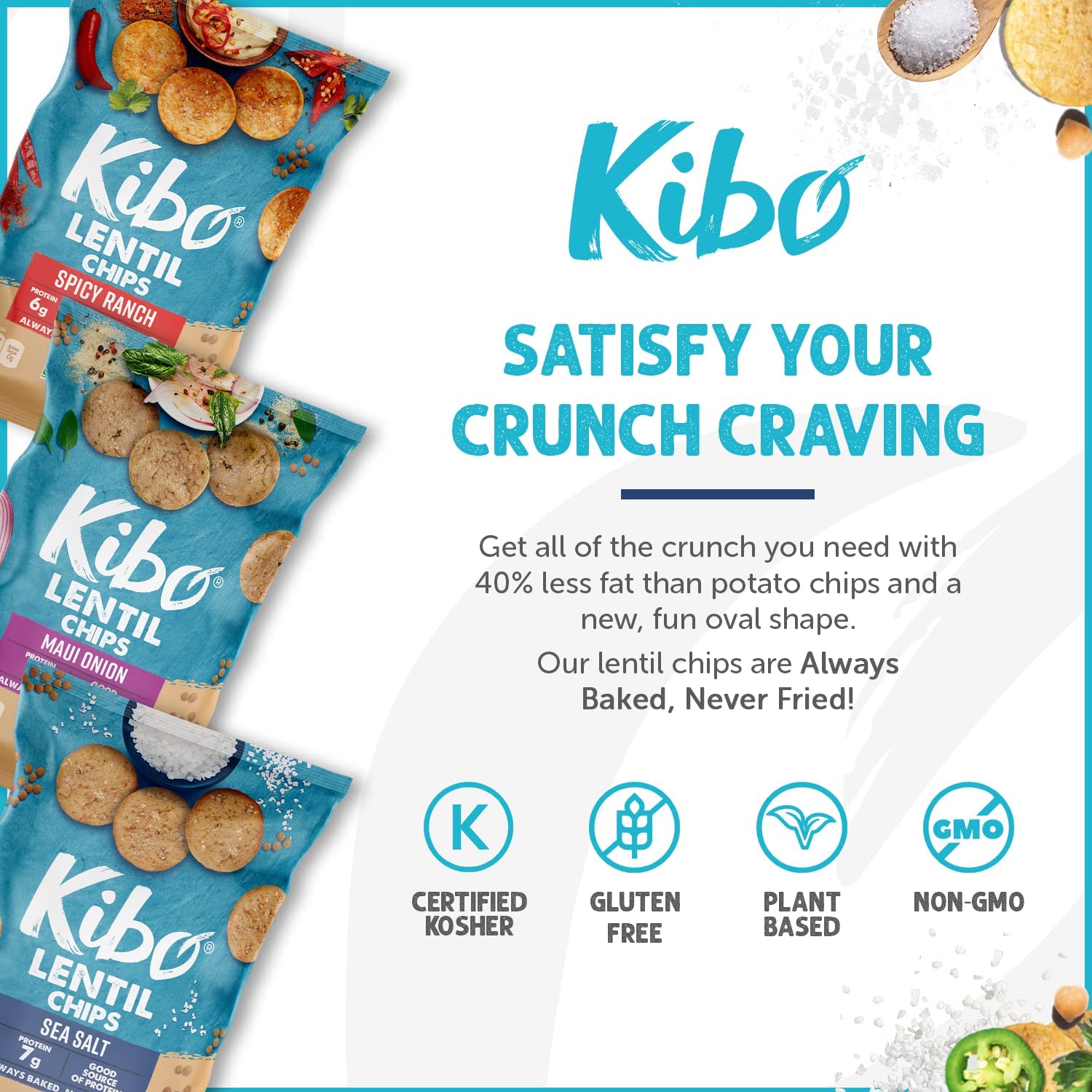 Kibo – Paquete variado de chips de lentejas  Chips veganos sin gluten  Verificado sin OMG  A base de plantas 0.99 oz  Cebolla Maui, sal marina y