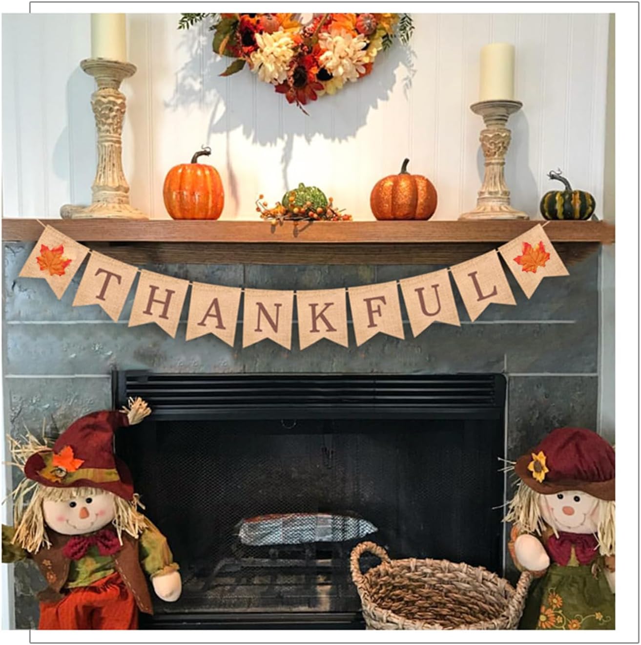 Cartel de arpillera con texto en inglés Thankful de otoño con hojas de arce rústicas para repisa, chimenea, colgar en la pared para bienvenida,