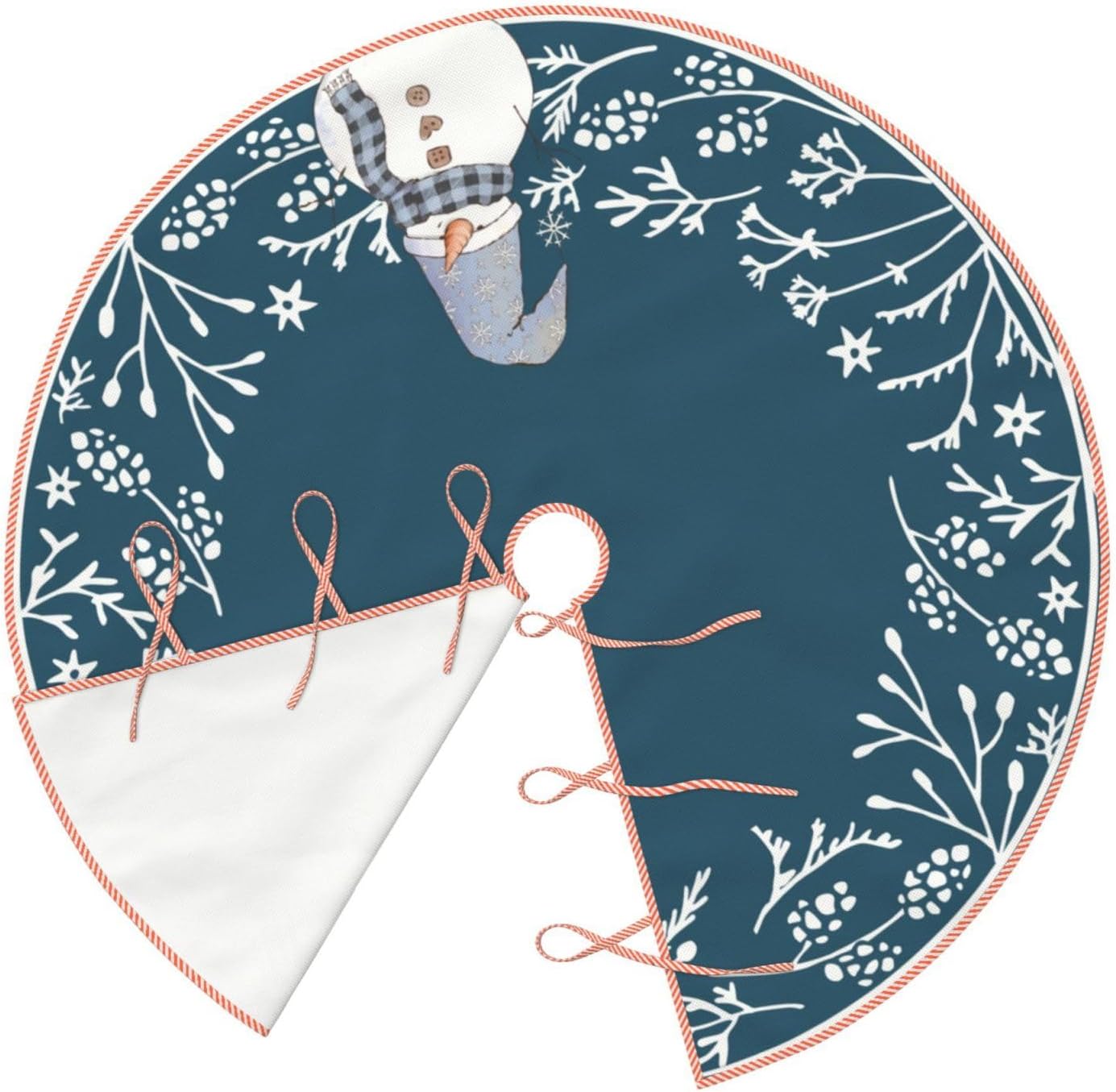 Falda de árbol de Navidad, lindo muñeco de nieve con simples decoraciones botánicas blancas de Navidad, para fiestas de vacaciones, decoración de